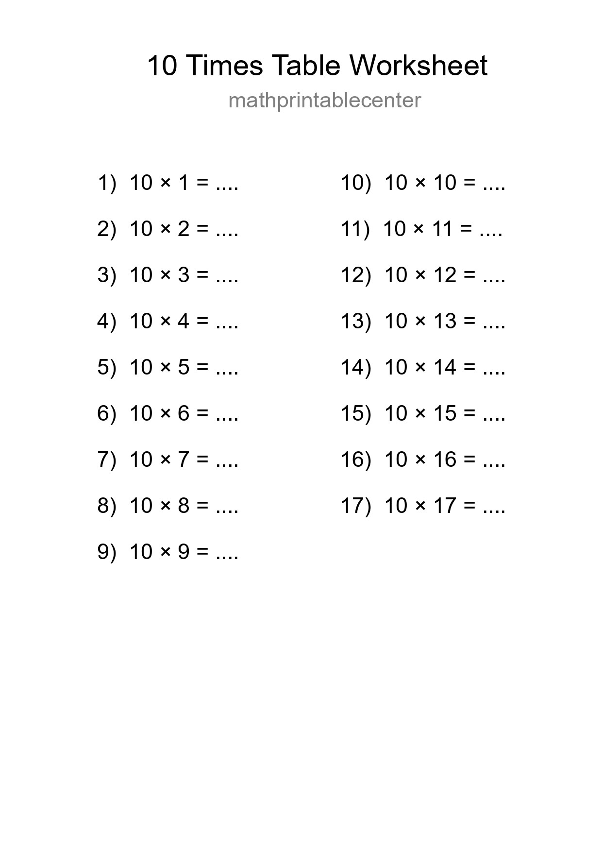 10 Times Table Worksheet For Grade 3 With Answers - Part 196