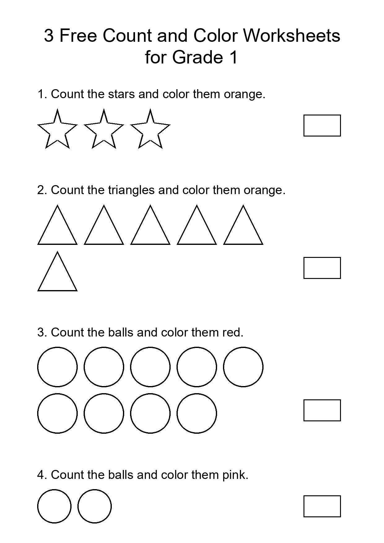 3 Free Count and Color Worksheets for Grade 1