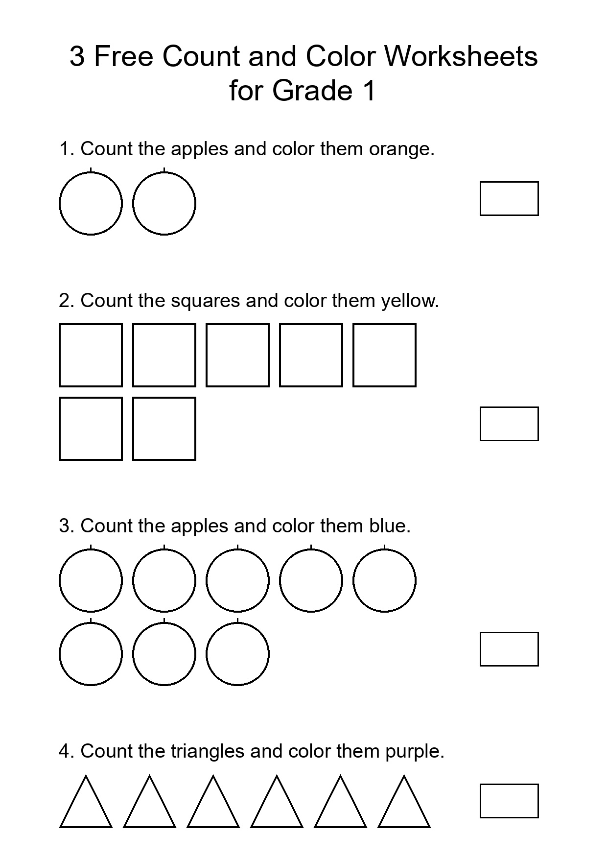 3 Free Count and Color Worksheets for Grade 1