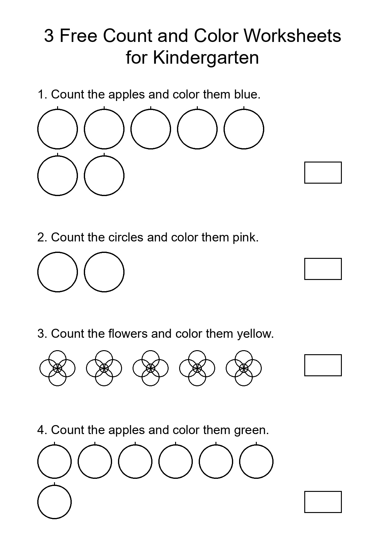 3 Free Count and Color Worksheets for Kindergarten