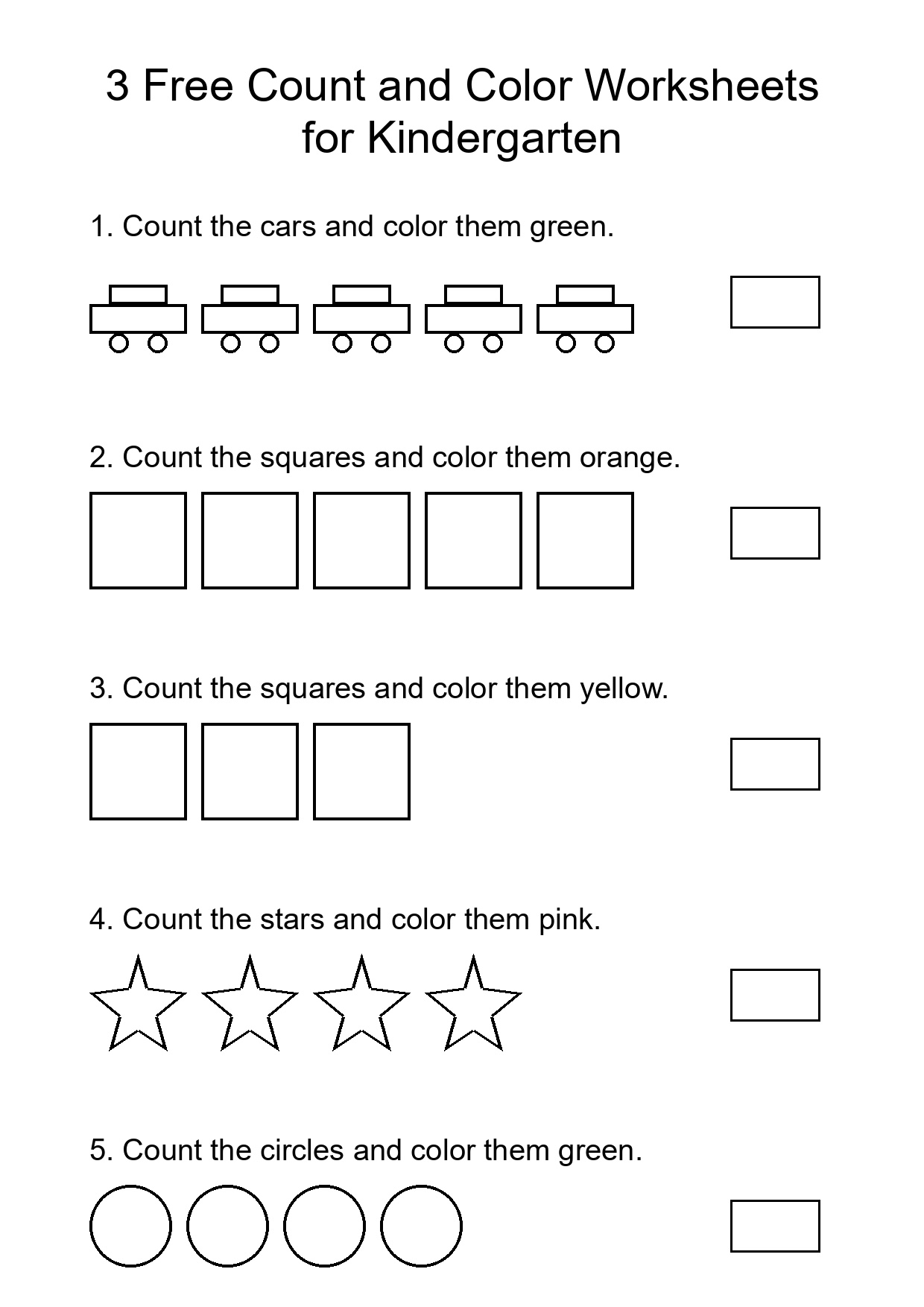 3 Free Count and Color Worksheets for Kindergarten