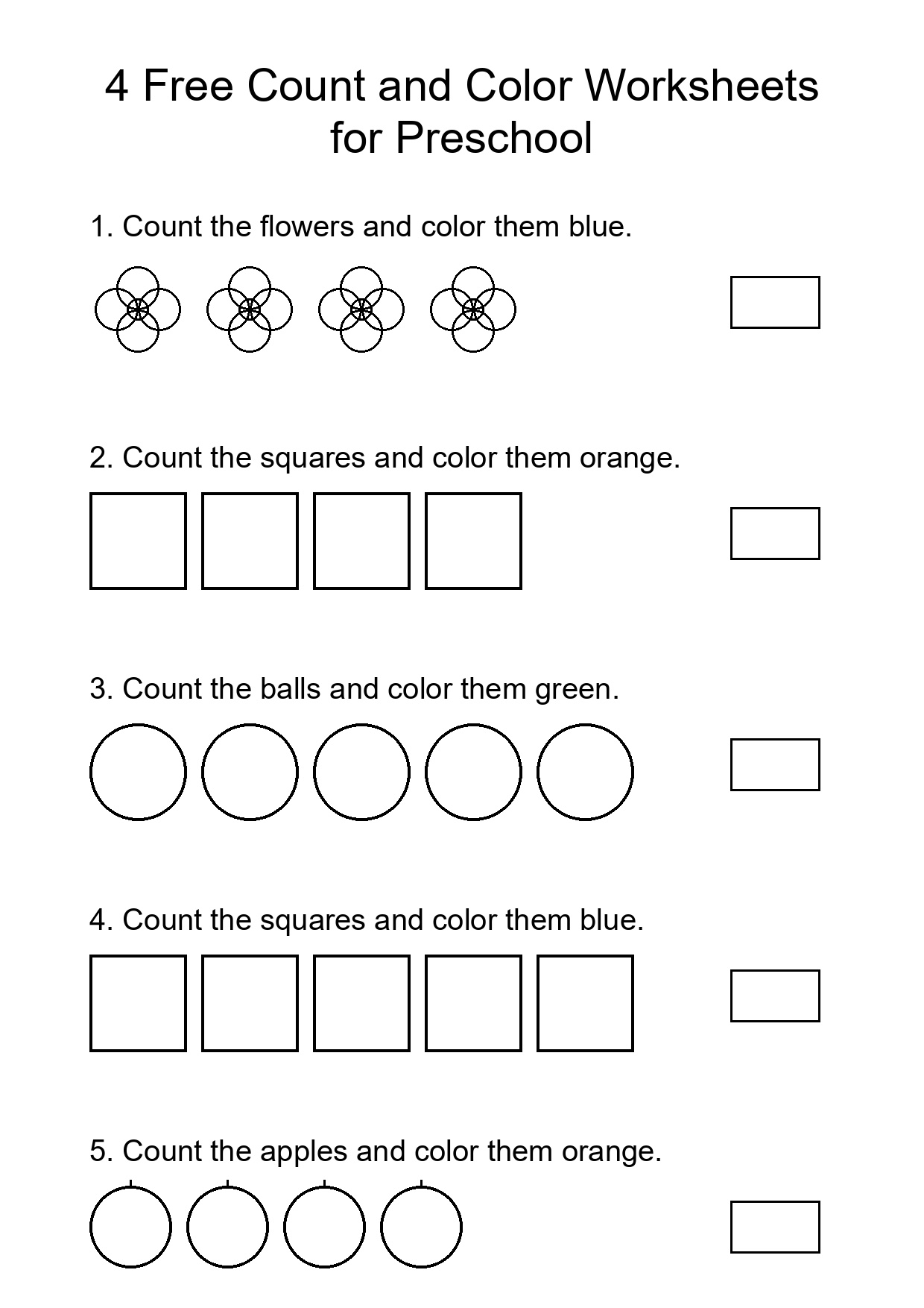 4 Free Count and Color Worksheets for Preschool
