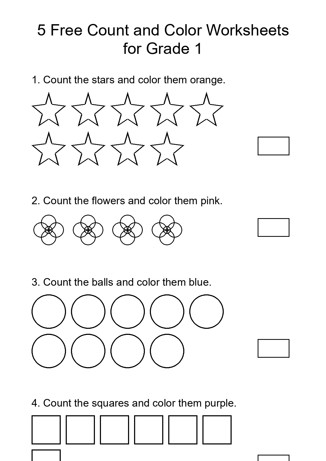 5 Free Count and Color Worksheets for Grade 1