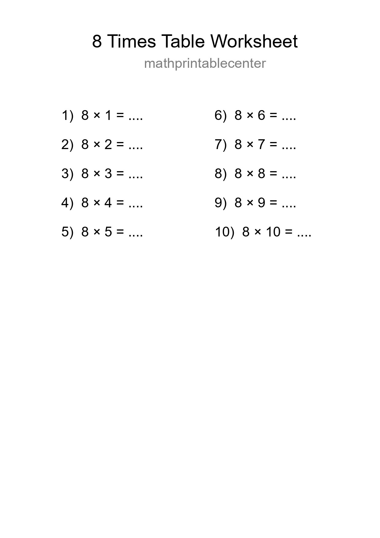8 Times Table Worksheet For Grade 3 - Part 174