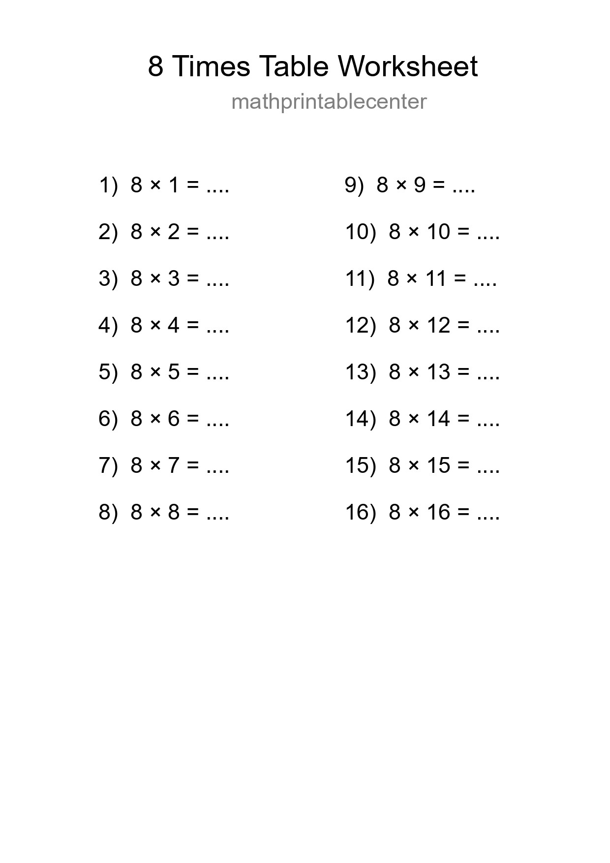 8 Times Table Worksheet For Grade 3 - Part 42