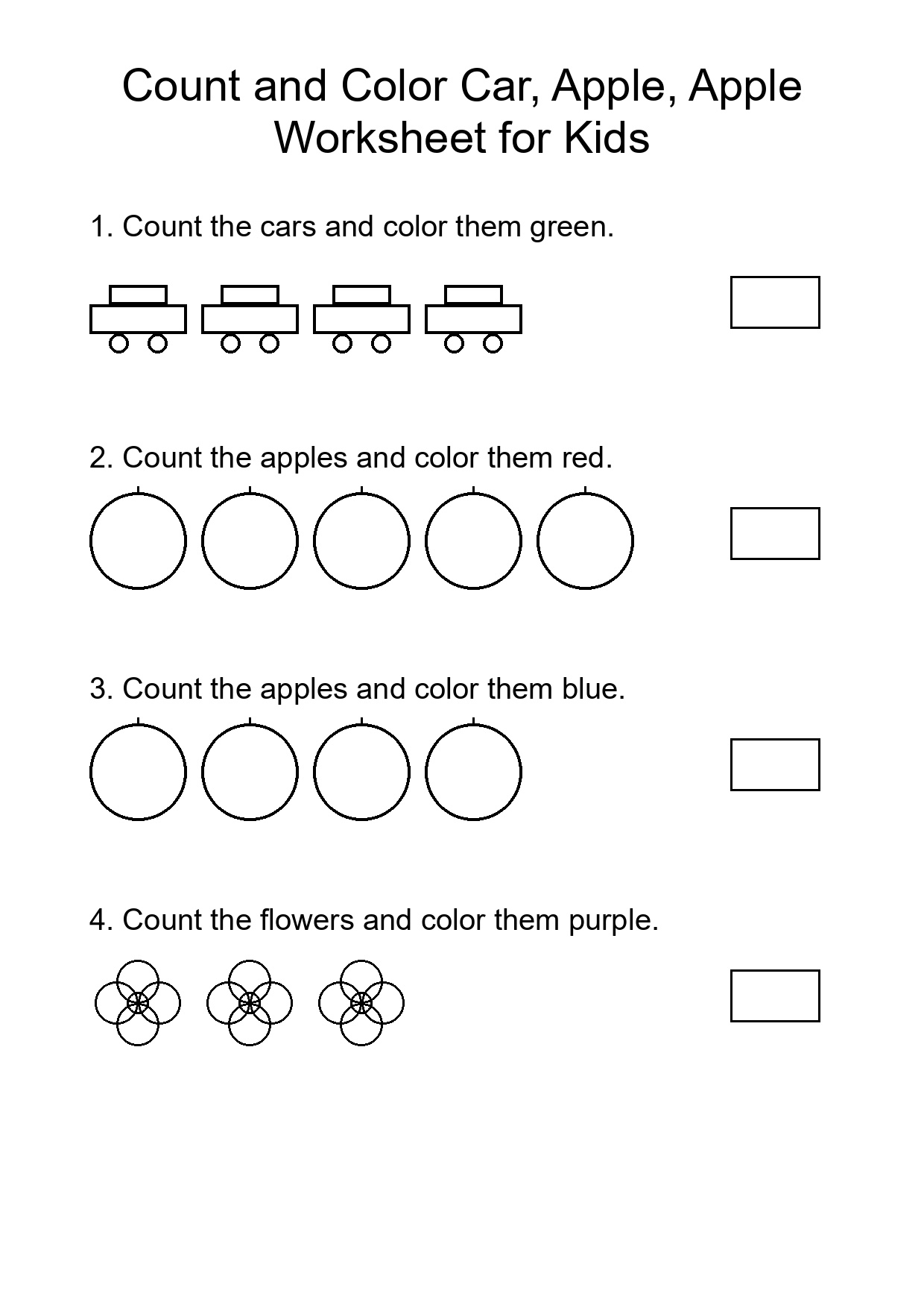 Count and Color Car, Apple, Apple Worksheet for Kids