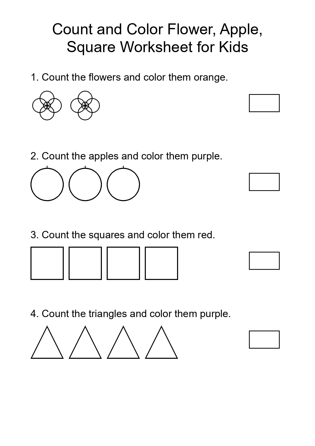 Count and Color Flower, Apple, Square Worksheet for Kids