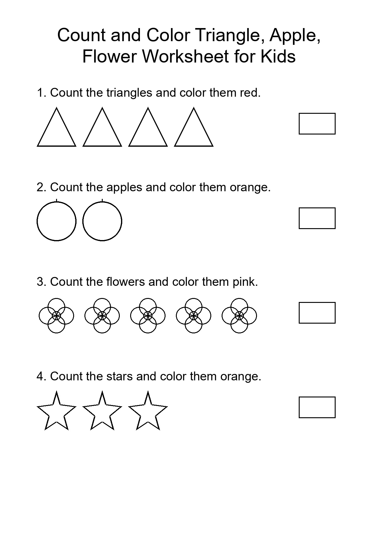 Count and Color Triangle, Apple, Flower Worksheet for Kids