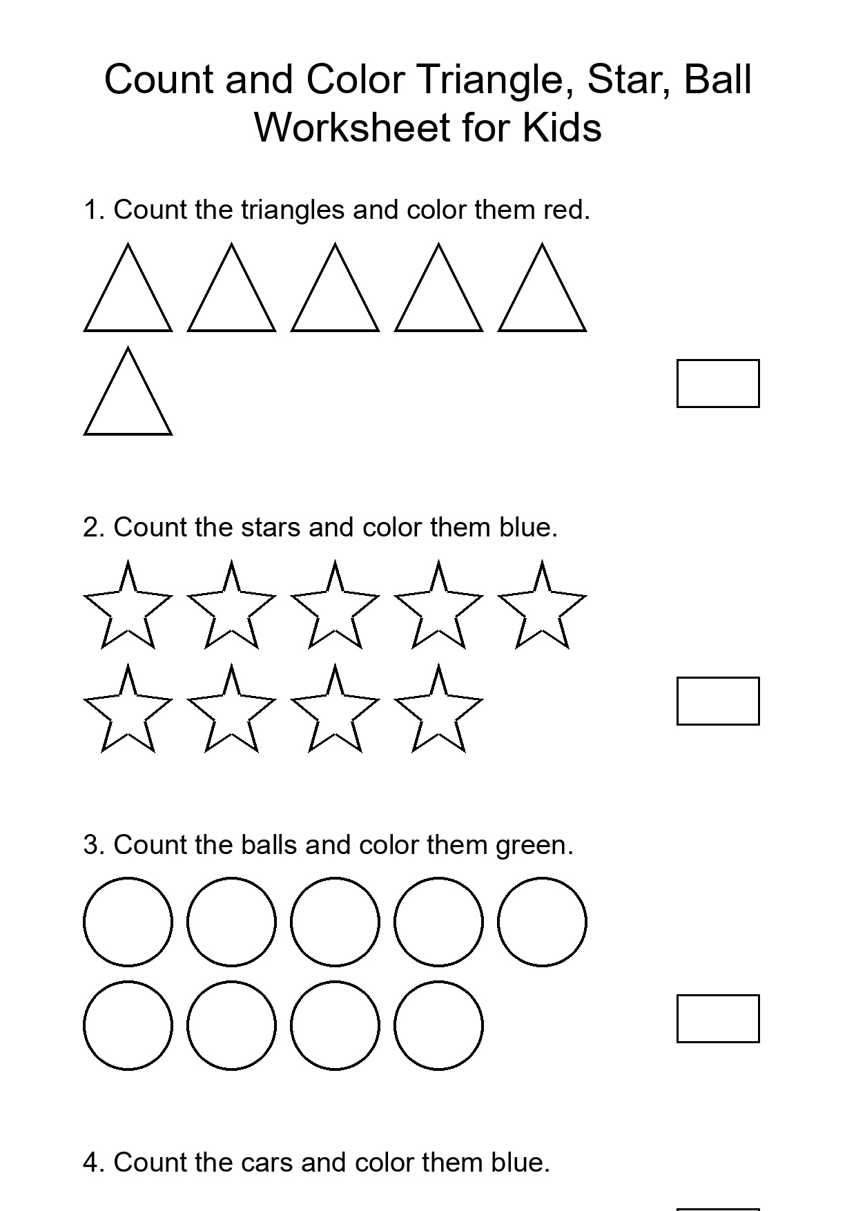 Count and Color Triangle, Star, Ball Worksheet for Kids