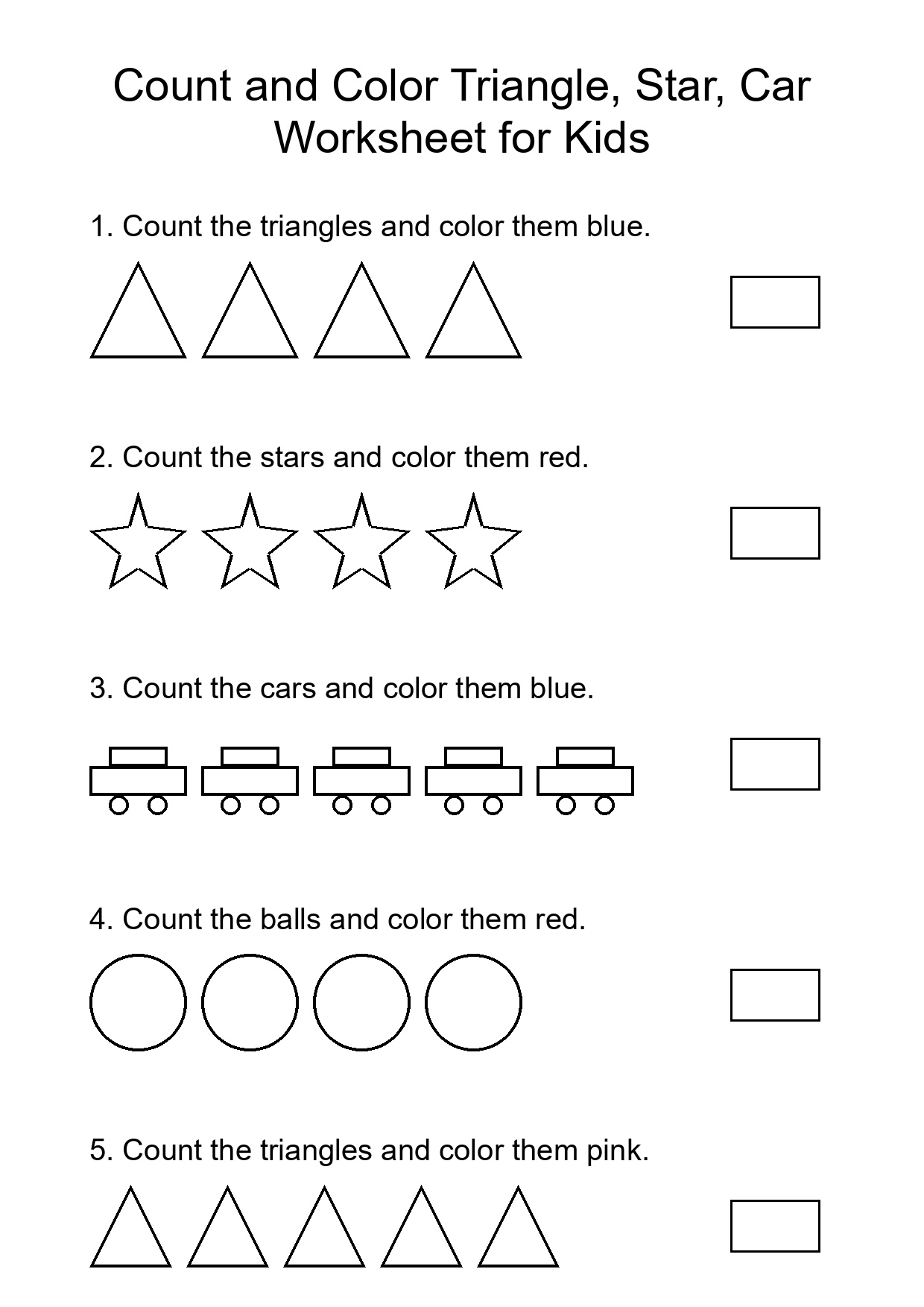 Count and Color Triangle, Star, Car Worksheet for Kids