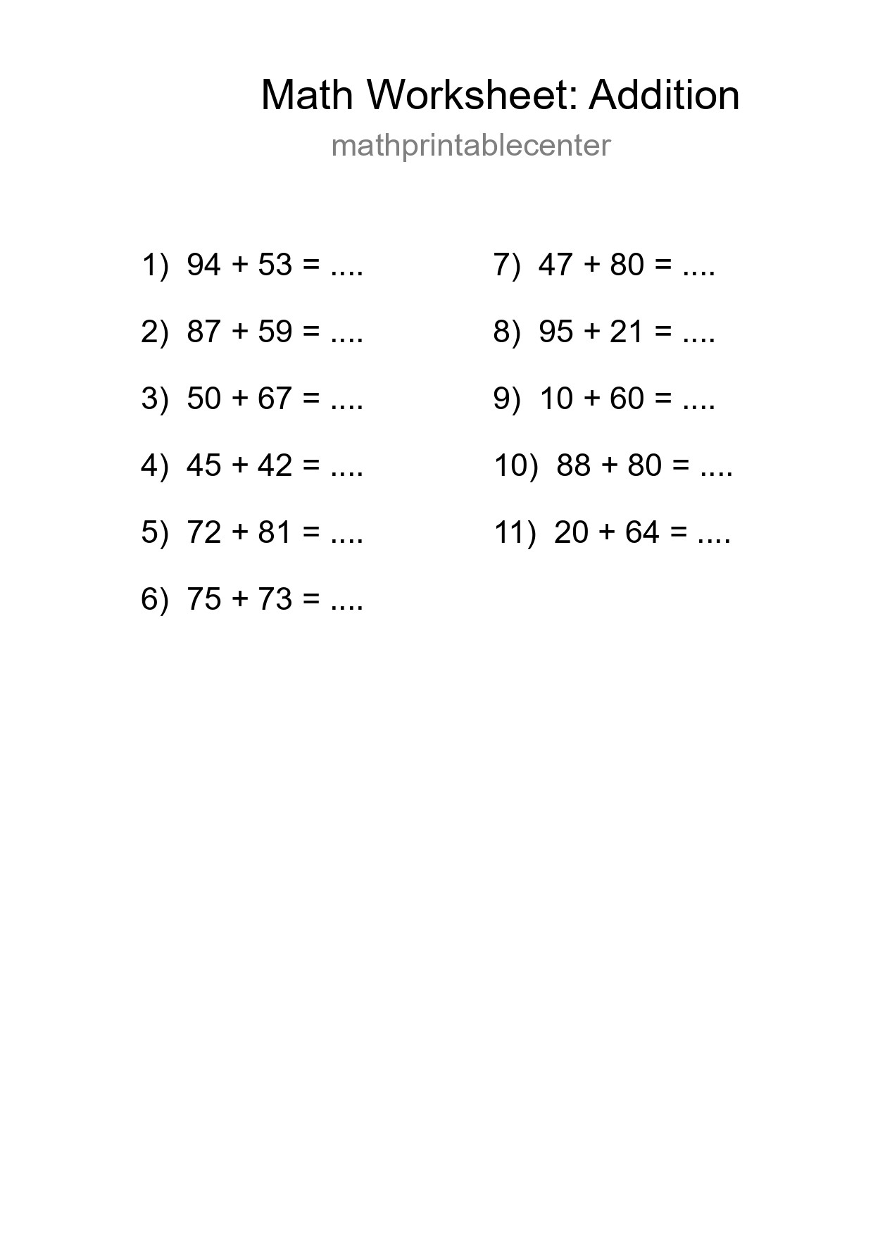 Free 11 Addition Math Worksheet For Grade 3 With Answers - Part 298