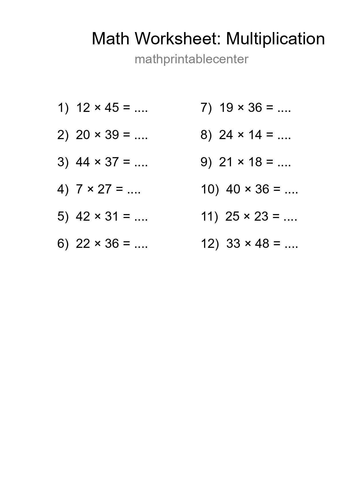 Free 12 Multiplication Math Worksheet For Grade 2 With Answers - Part 128