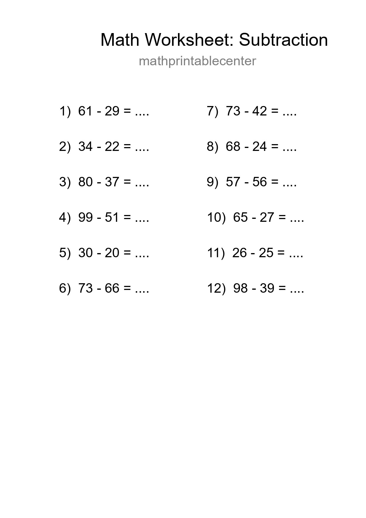 Free 12 Subtraction Math Worksheet For Grade 3 With Answers - Part 63