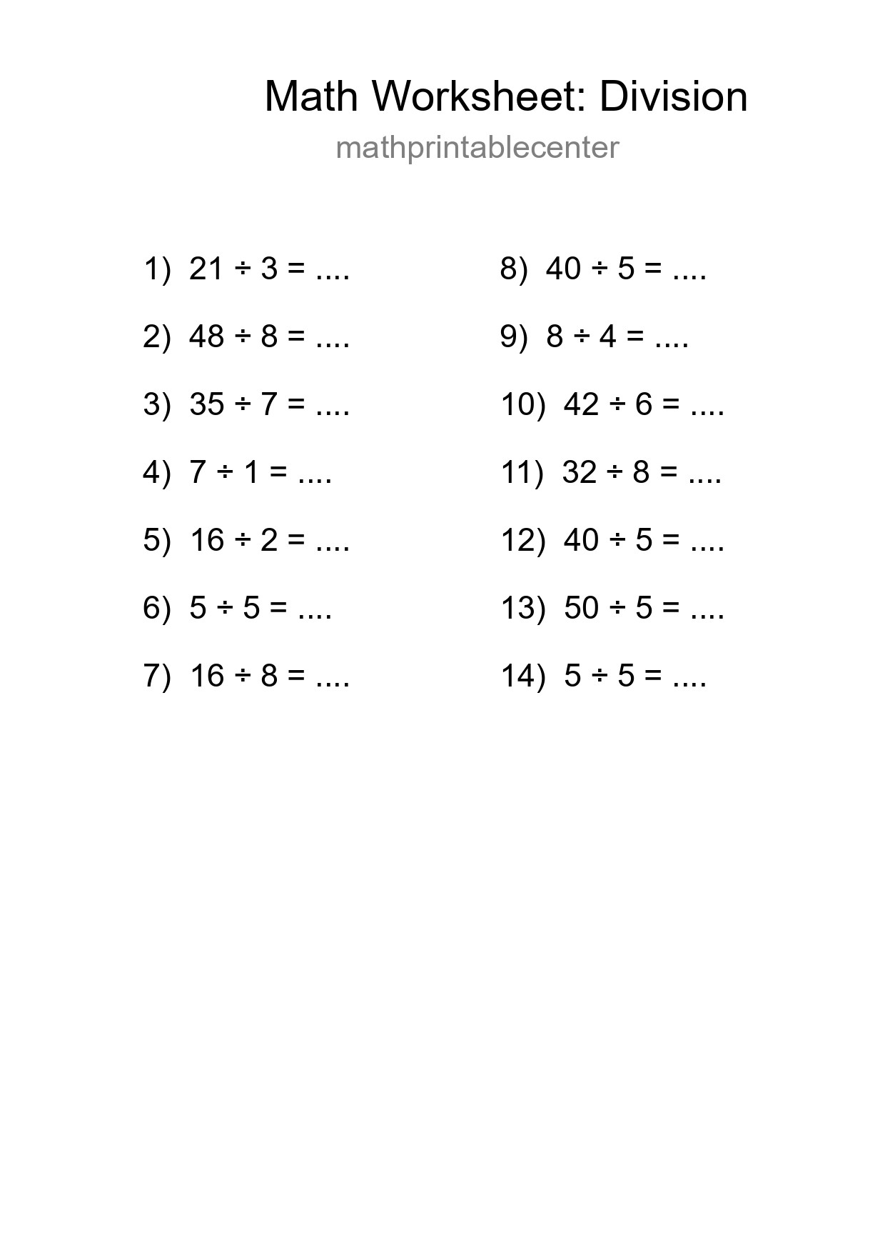 Free 14 Division Math Worksheet For Grade 1 With Answers - Part 202