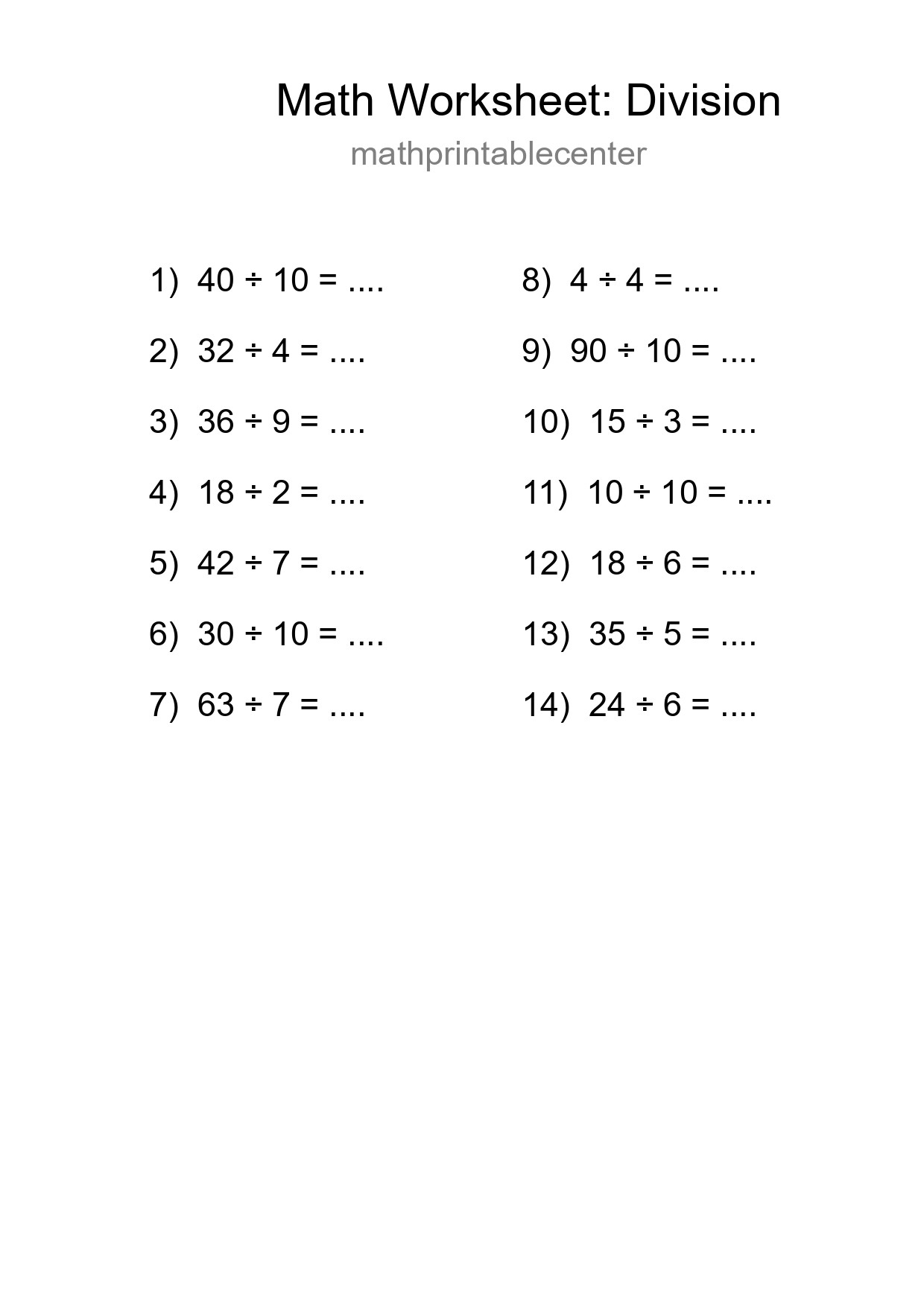 Free 14 Division Math Worksheet For Grade 1 With Answers - Part 224