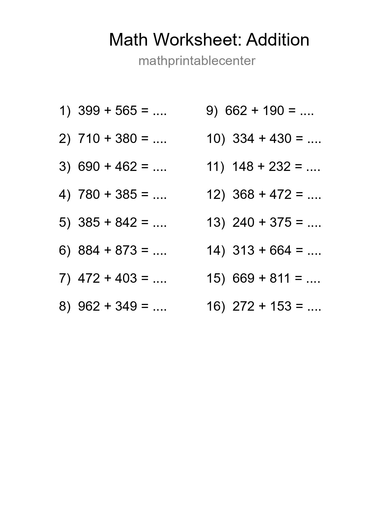 Free 16 Addition Math Worksheet For Grade 5 - Part 232