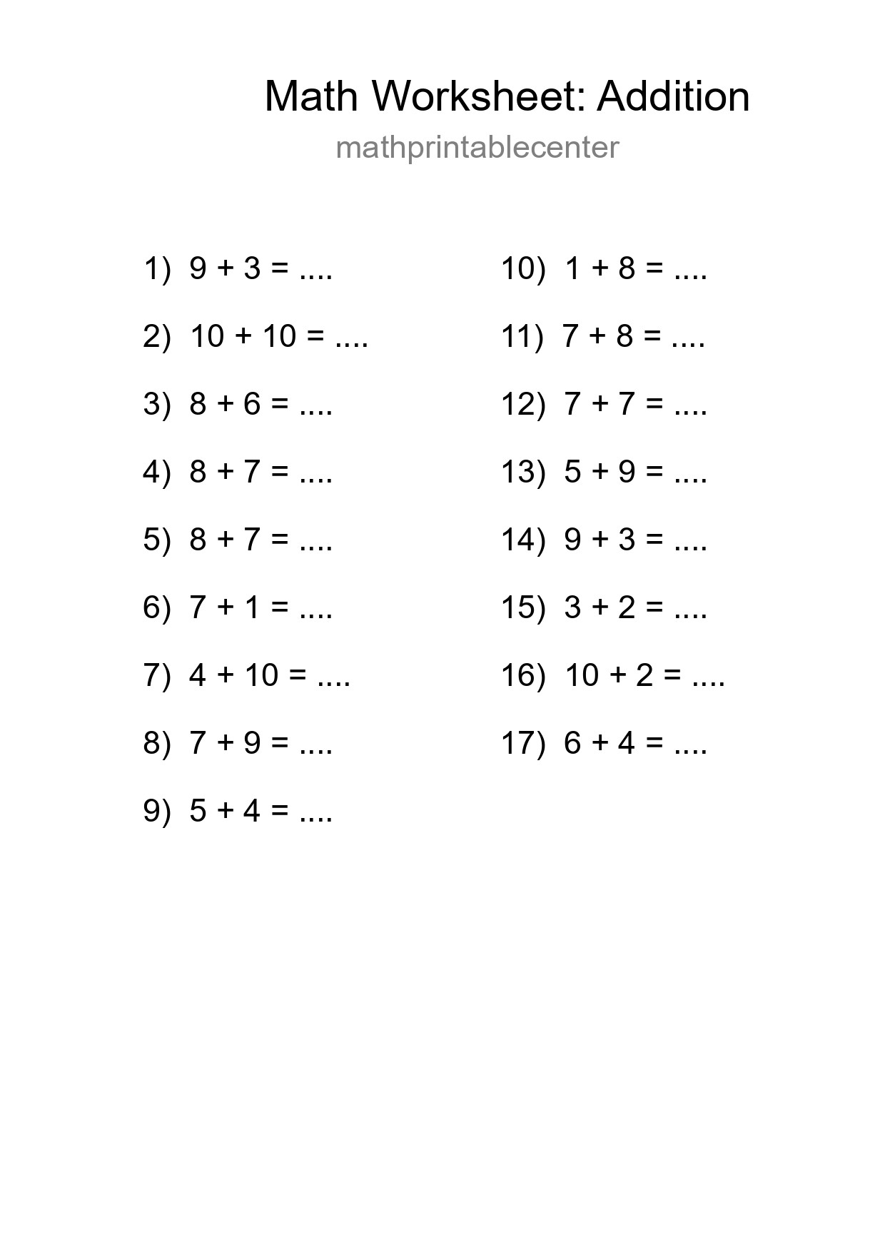 Free 17 Addition Math Worksheet For Grade 1 - Part 199