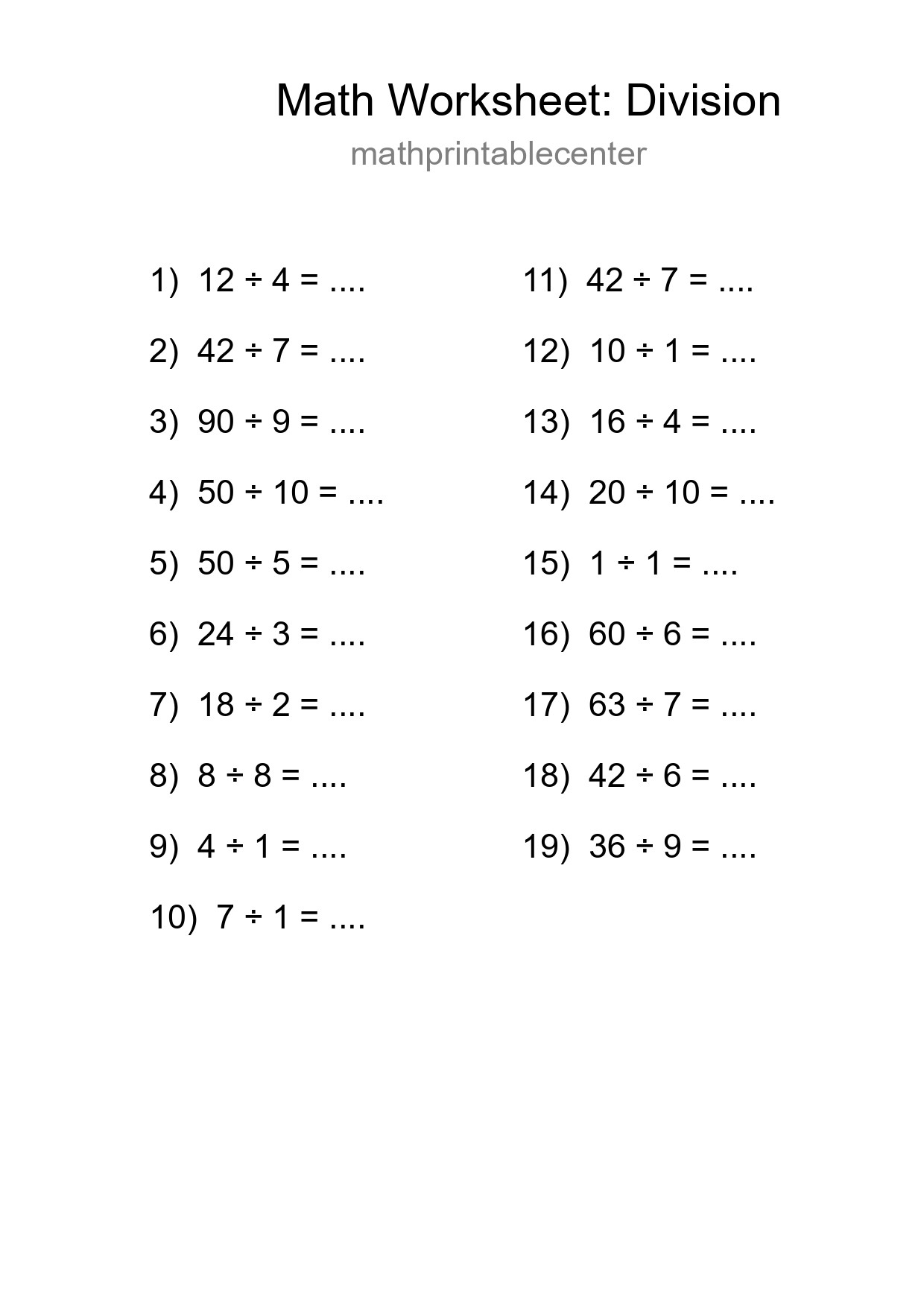 Free 19 Division Math Worksheet For Grade 1 With Answers - Part 81