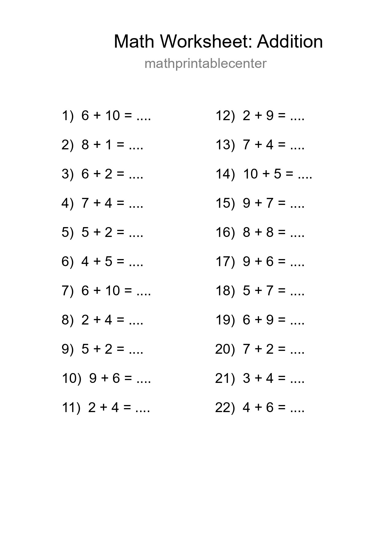 Free 22 Addition Math Worksheet For Grade 1 - Part 111
