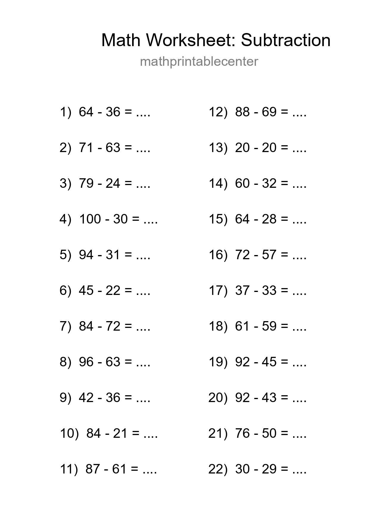 Free 22 Subtraction Math Worksheet For Grade 3 - Part 261