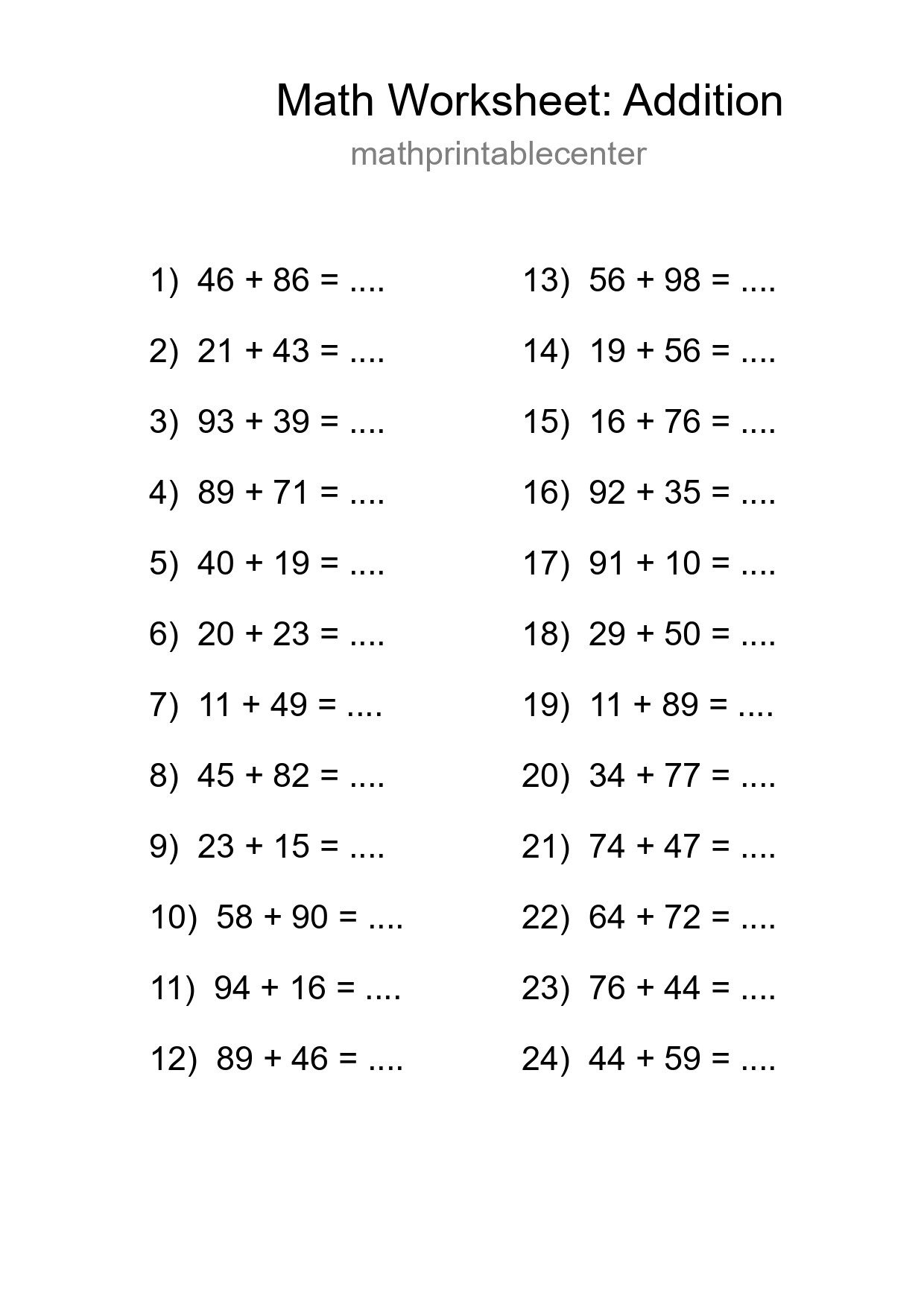 Free 24 Addition Math Worksheet For Grade 3 - Part 78