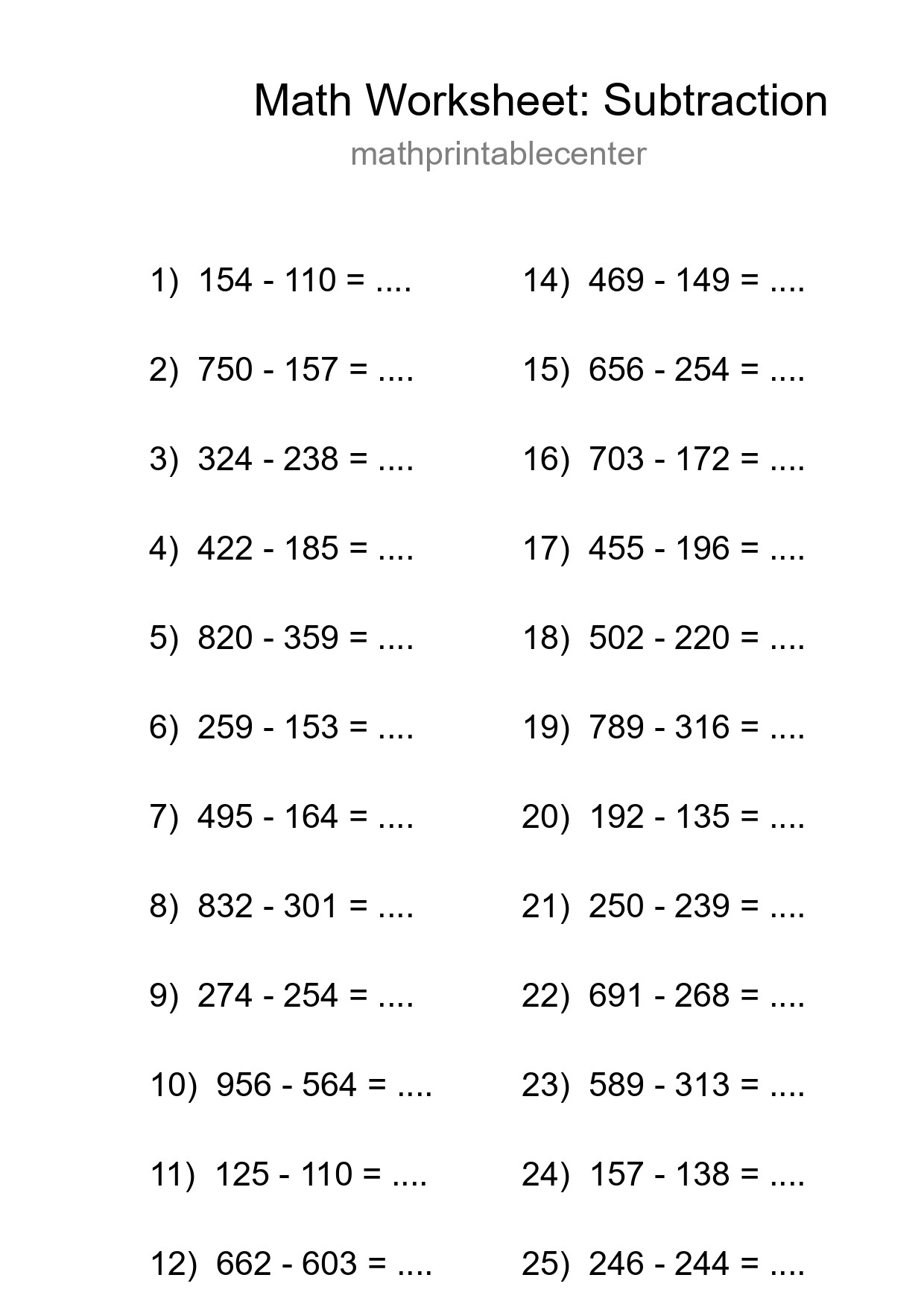 Free 25 Subtraction Math Worksheet For Grade 5 - Part 129