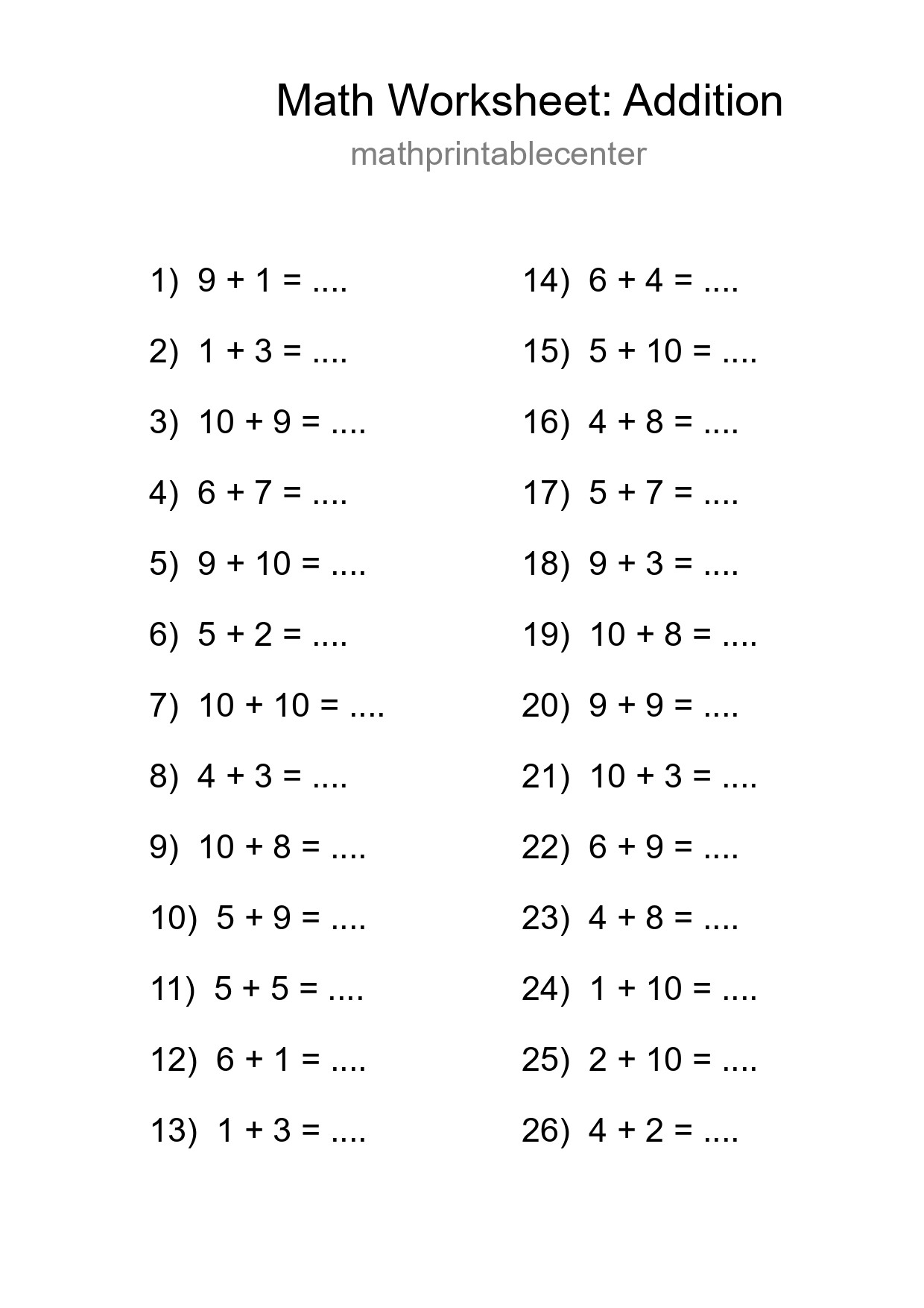 Free 26 Addition Math Worksheet For Grade 1