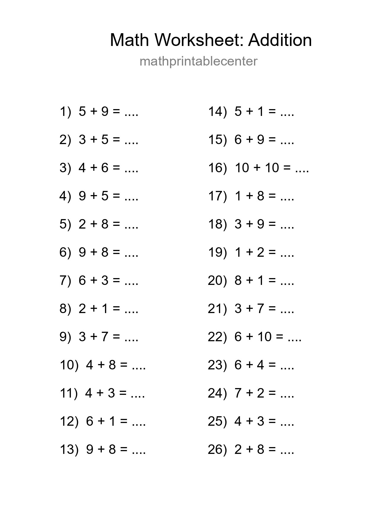 Free 26 Addition Math Worksheet For Grade 1 - Part 155