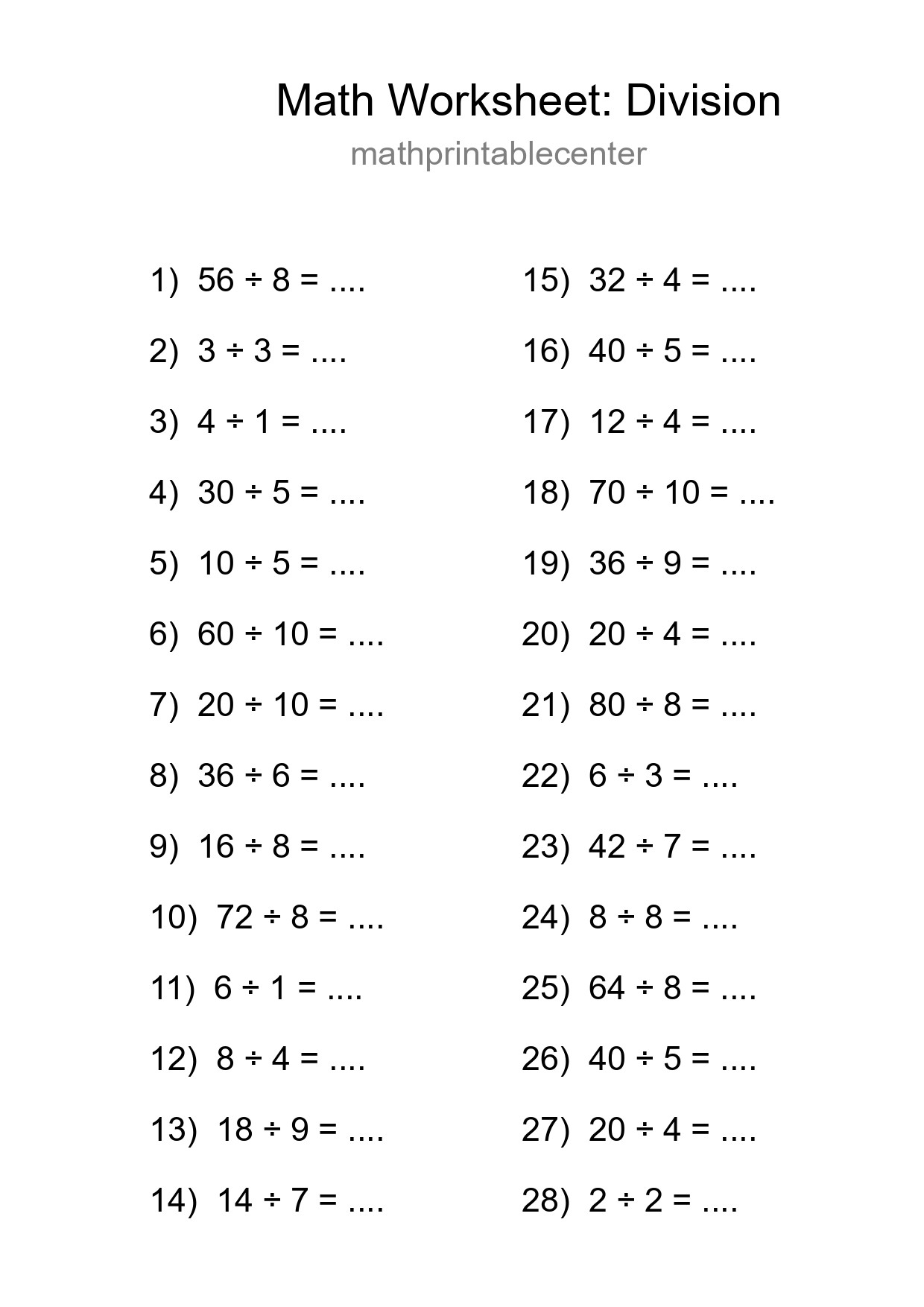 Free 28 Division Math Worksheet For Grade 1 With Answers - Part 290
