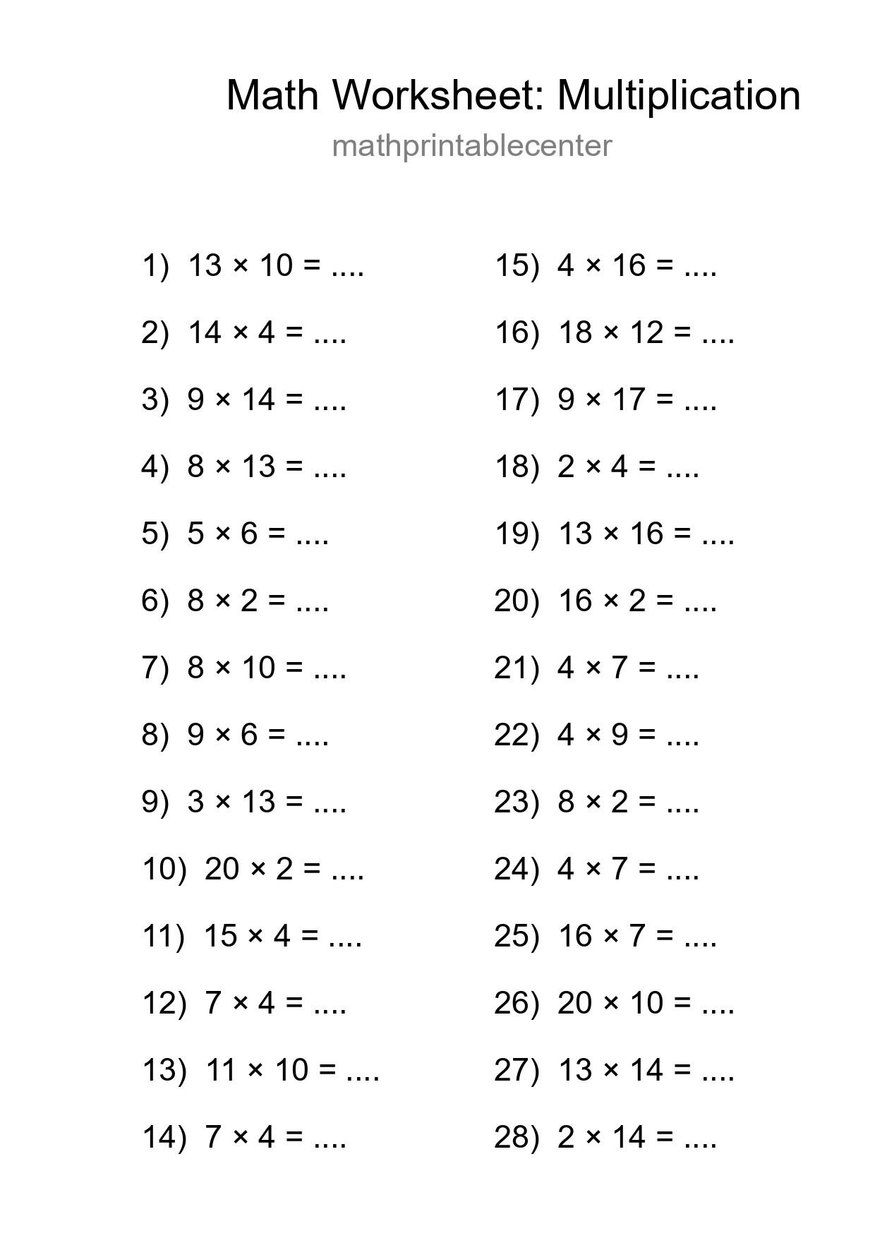 Free 28 Multiplication Math Worksheet For Grade 2 - Part 282