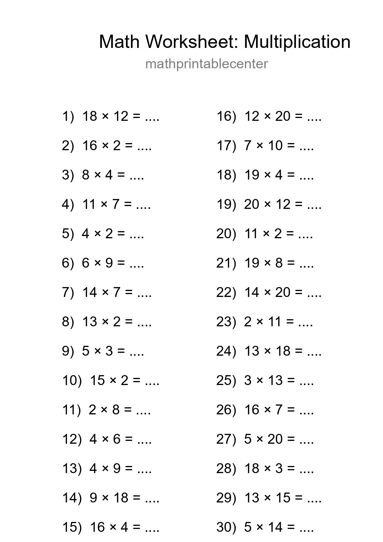 Free 30 Multiplication Math Worksheet For Grade 2 - Part 260