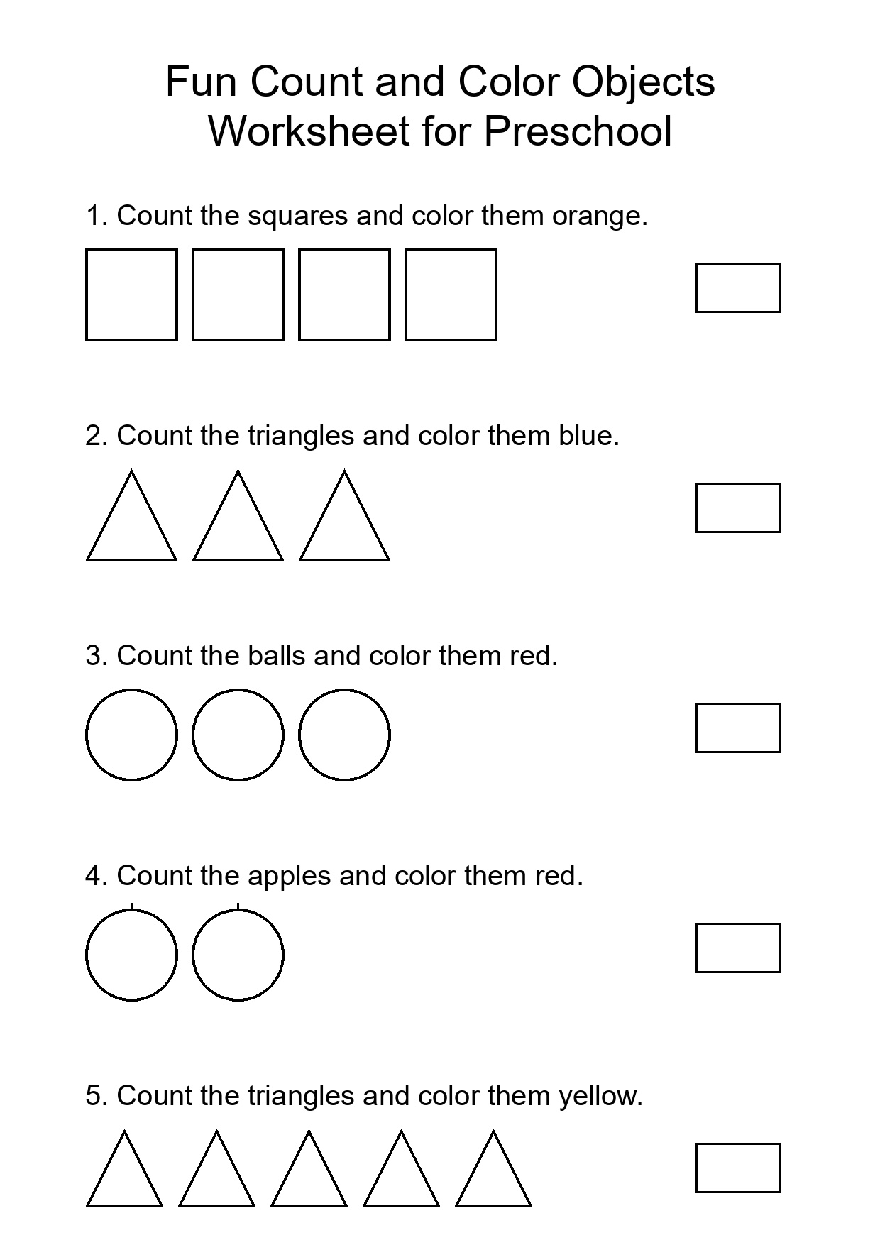 Fun Count and Color Objects Worksheet for Preschool