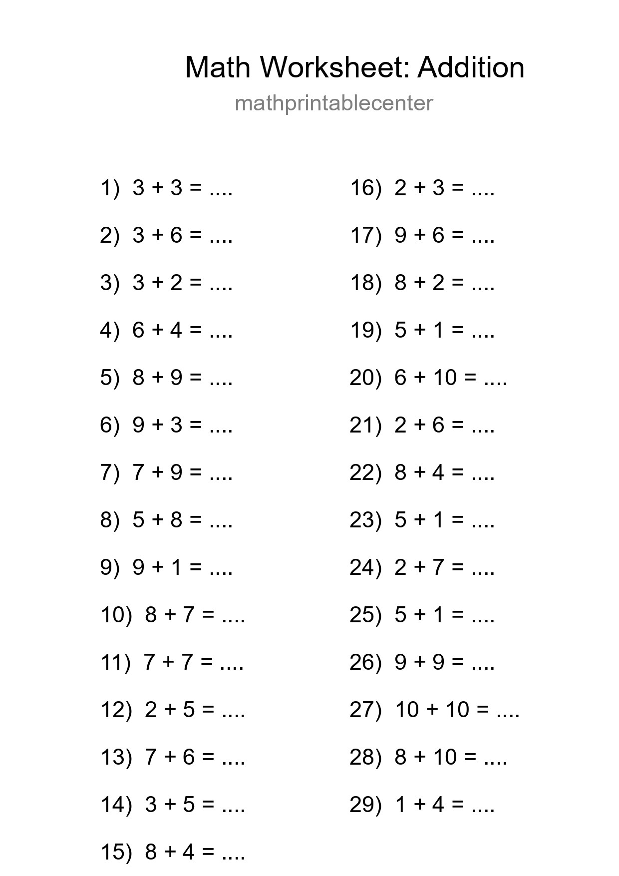 Grade 1 Addition Practice Worksheet (29 Problems) - Part 67
