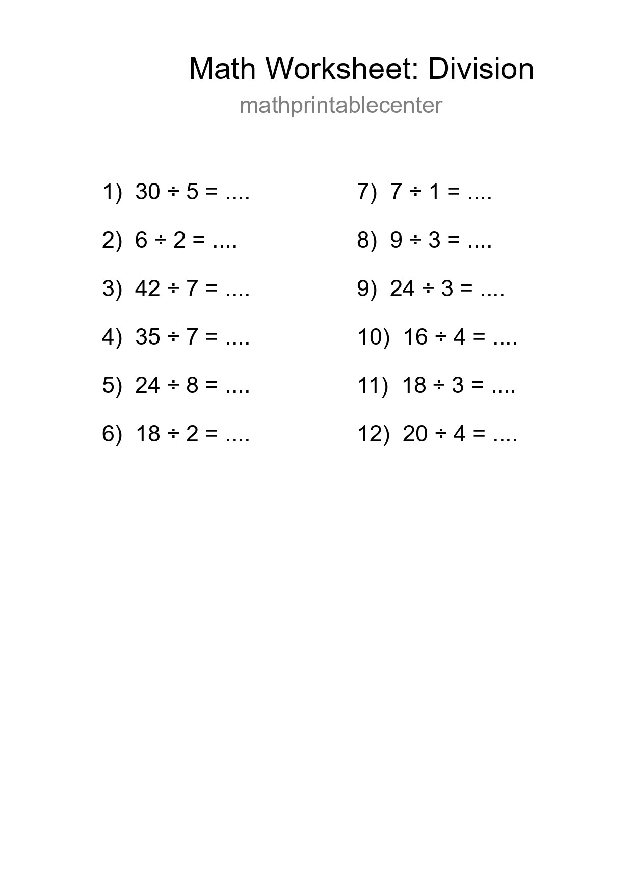 Grade 1 Division Practice Worksheet (12 Problems) - Part 136