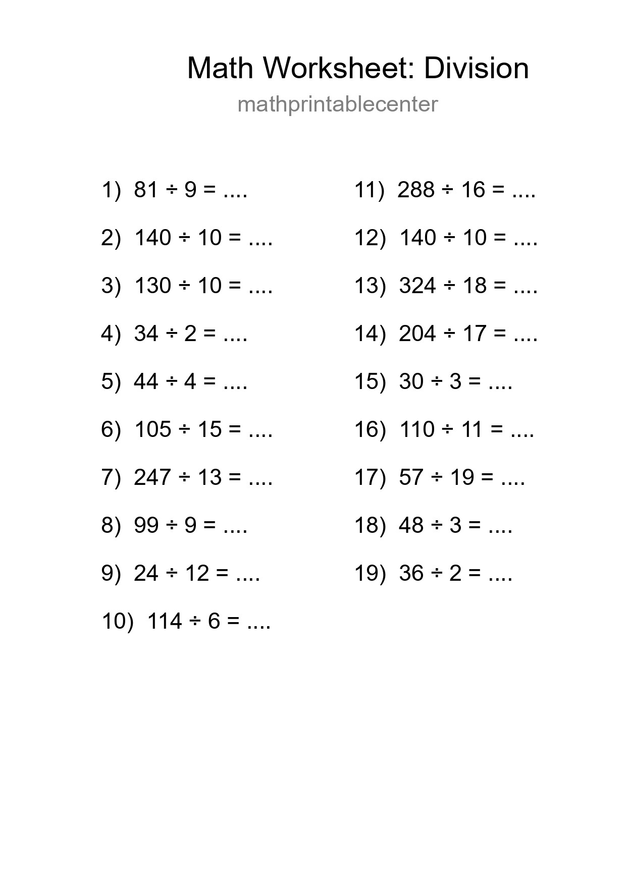 Grade 2 Division Practice Worksheet (19 Problems) - Part 4