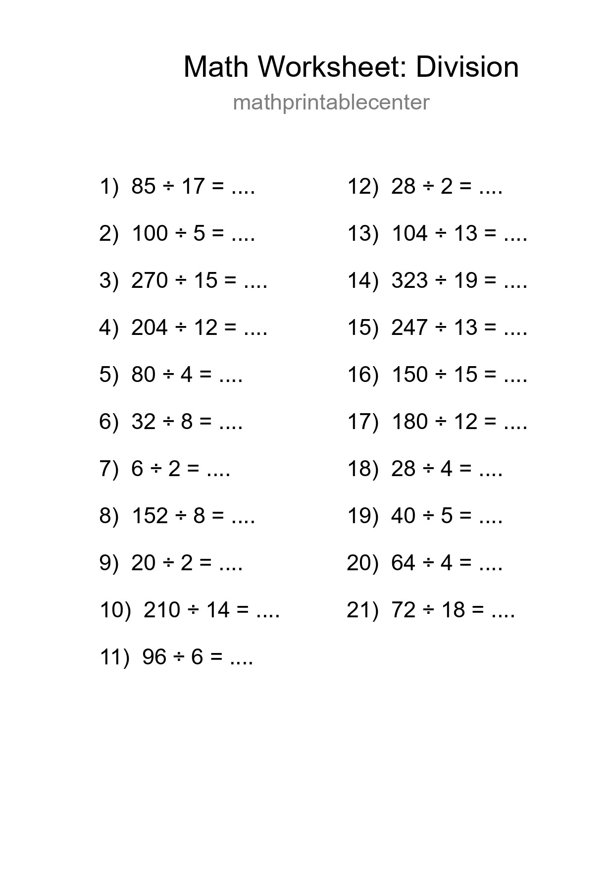 Grade 2 Division Practice Worksheet (21 Problems) - Part 147