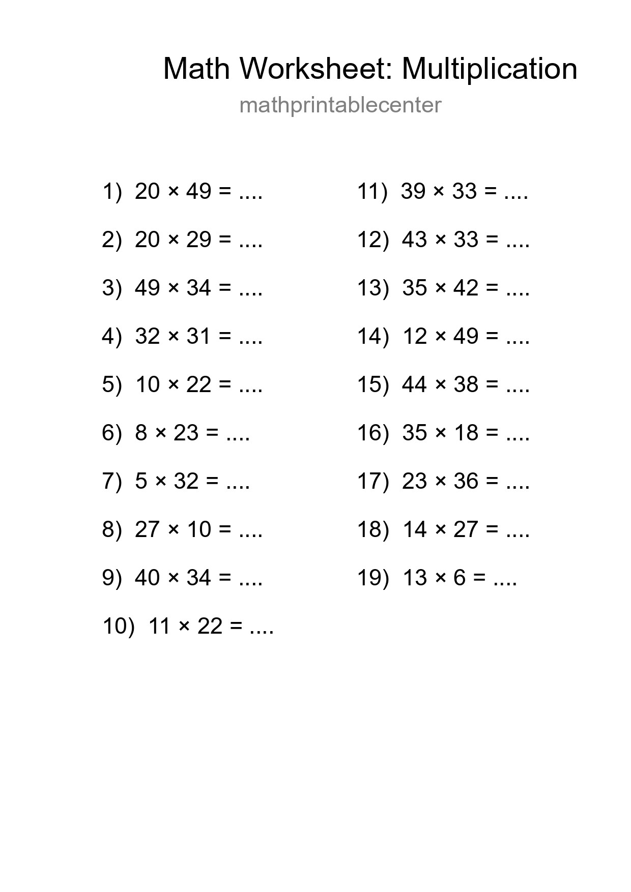 Grade 2 Multiplication Practice Worksheet (19 Problems) - Part 150