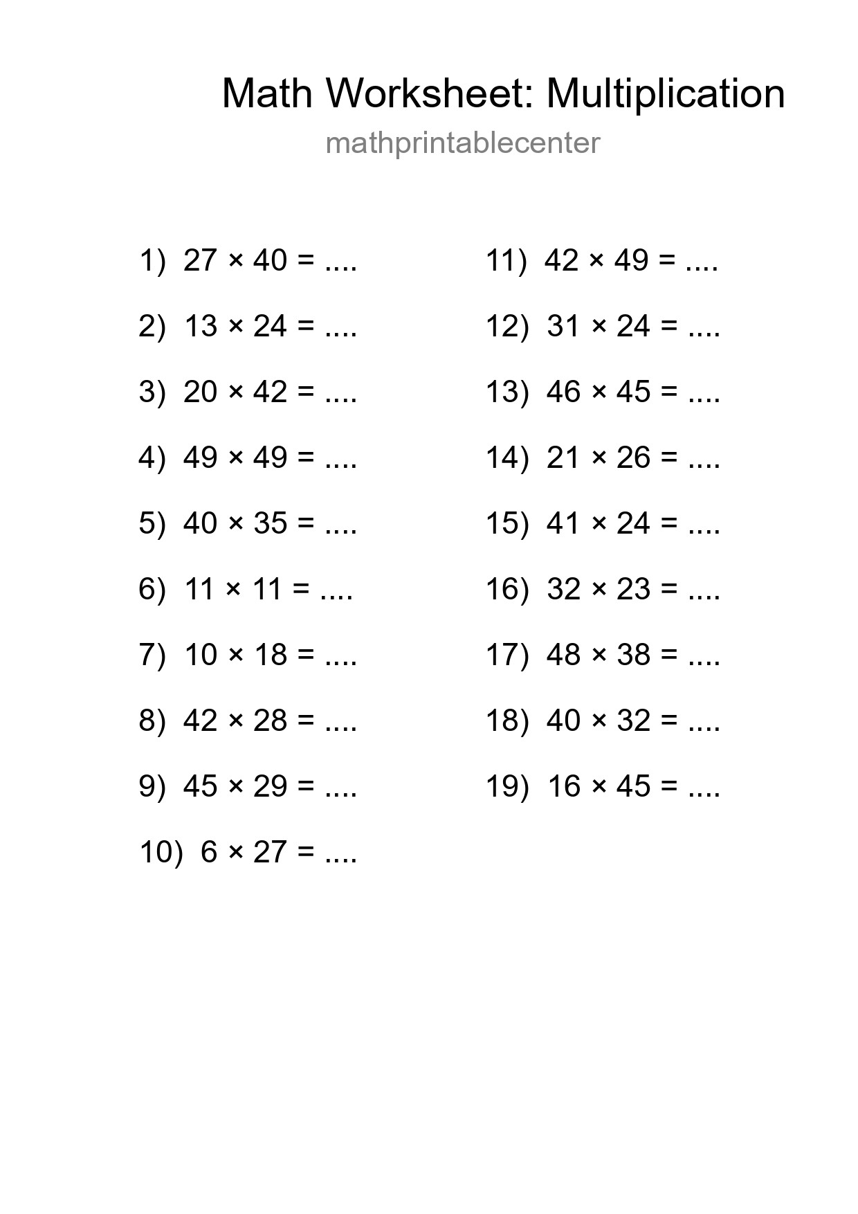 Grade 2 Multiplication Practice Worksheet (19 Problems) - Part 73