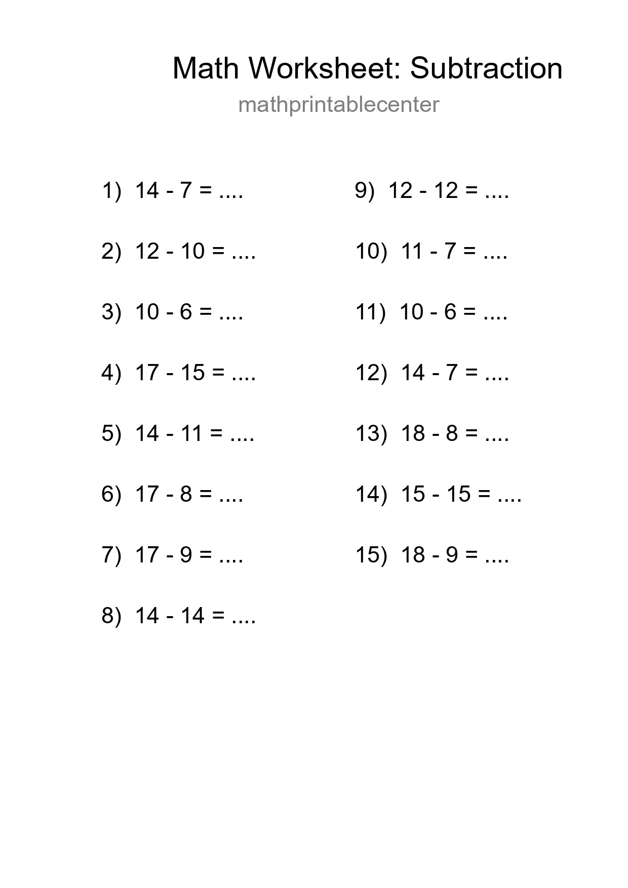 Grade 2 Subtraction Practice Worksheet (15 Problems) - Part 41