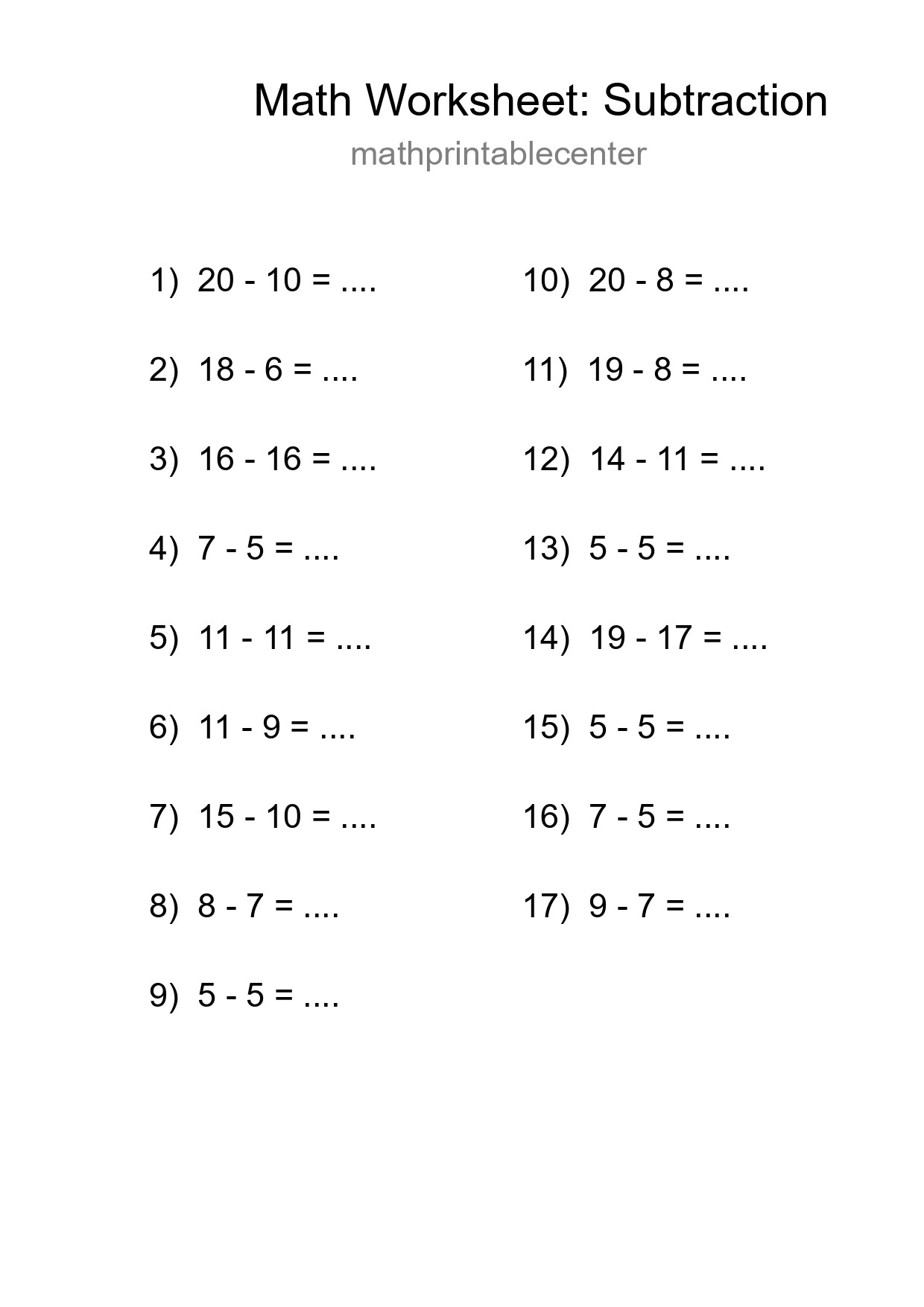 Grade 2 Subtraction Practice Worksheet (17 Problems) - Part 184
