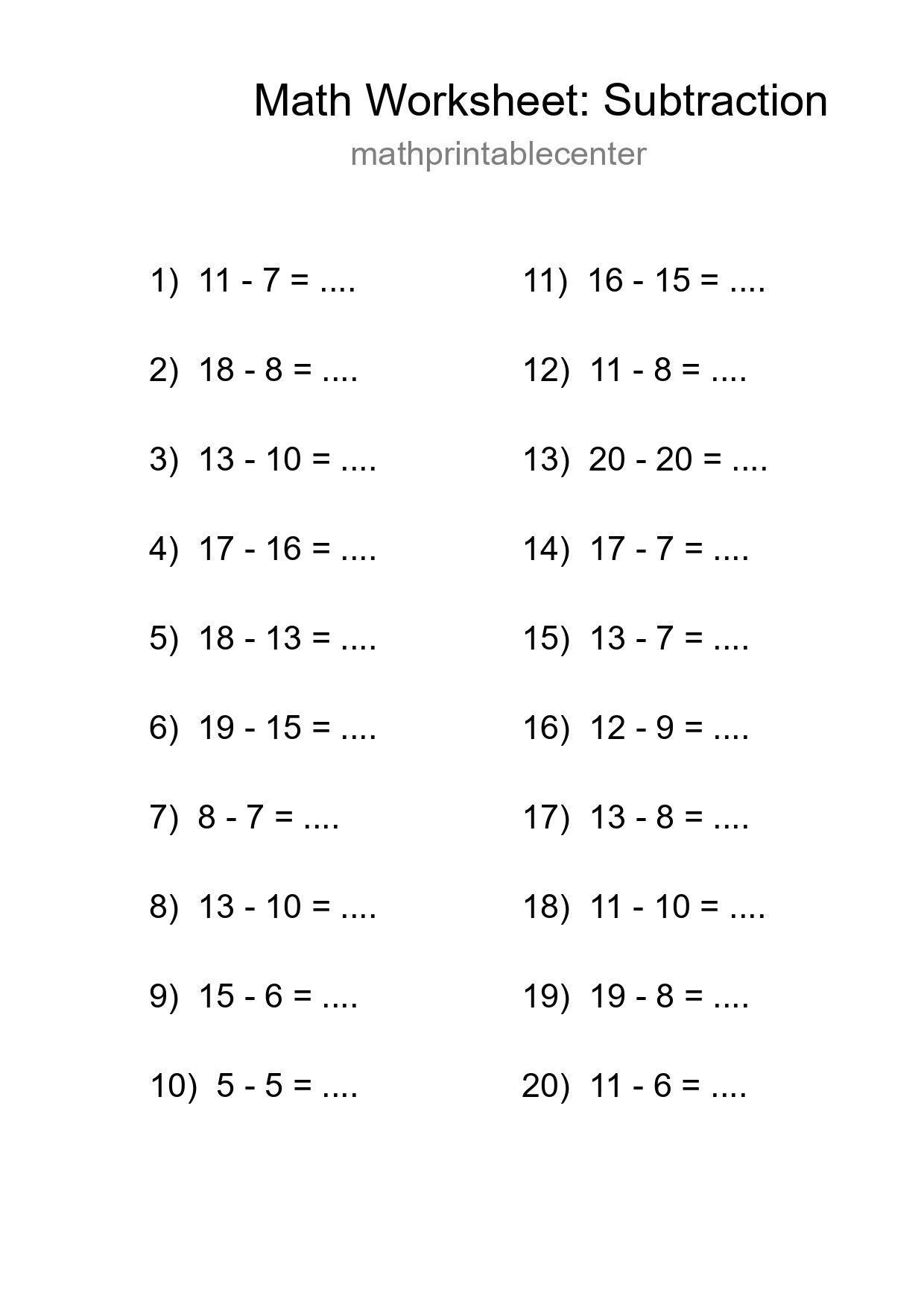 Grade 2 Subtraction Practice Worksheet (20 Problems) - Part 272