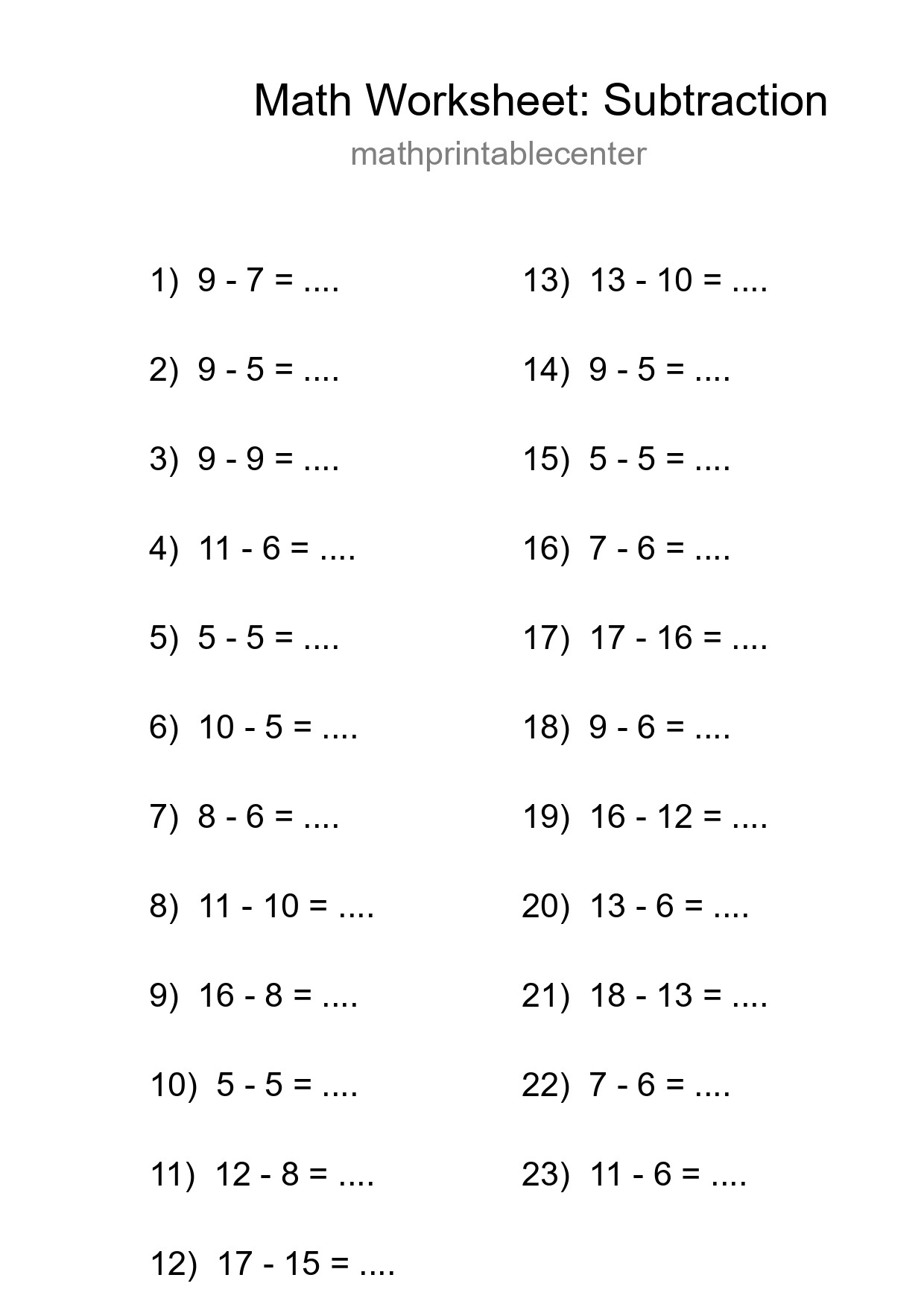 Grade 2 Subtraction Practice Worksheet (23 Problems) - Part 250