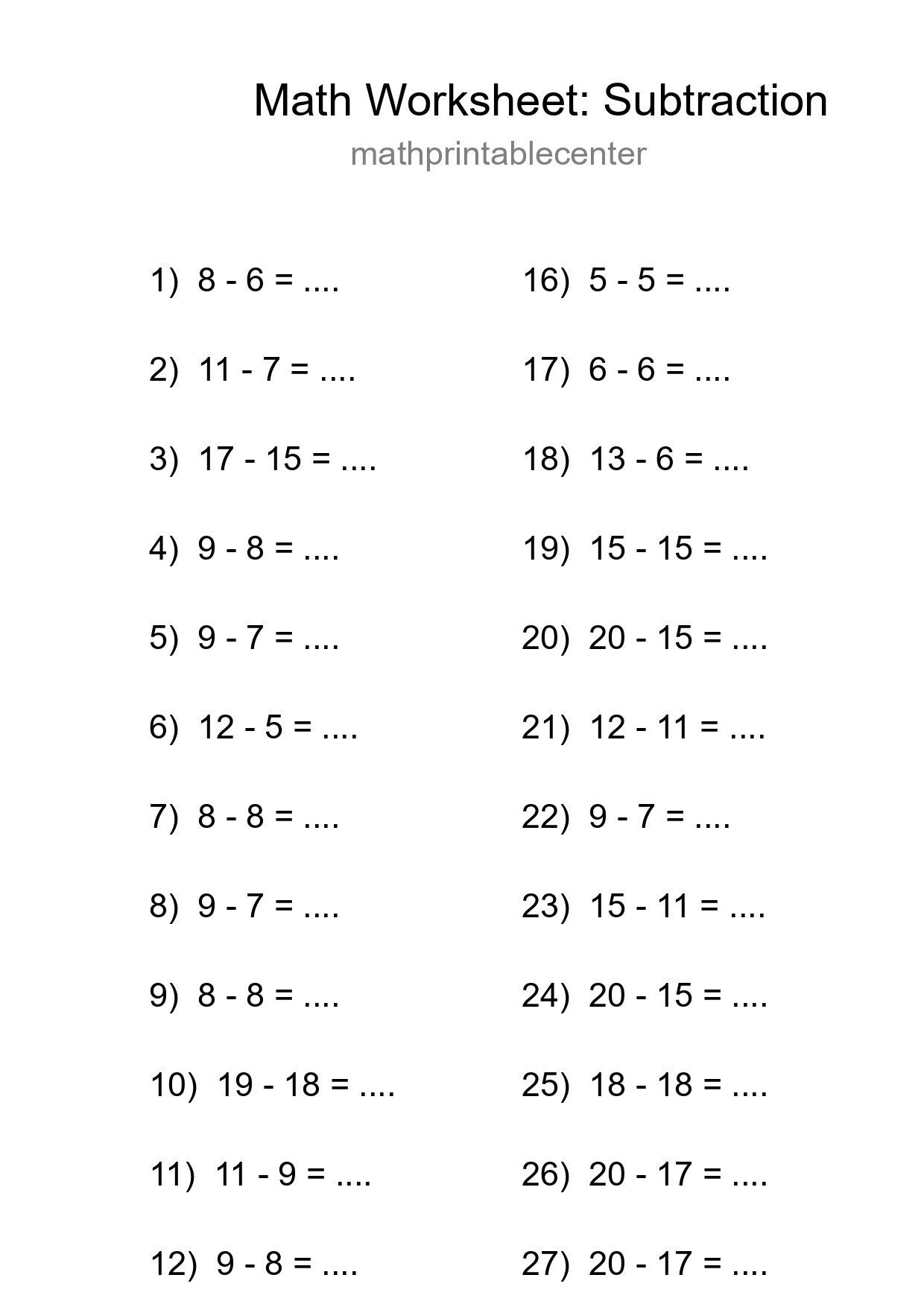 Grade 2 Subtraction Practice Worksheet (30 Problems) - Part 140