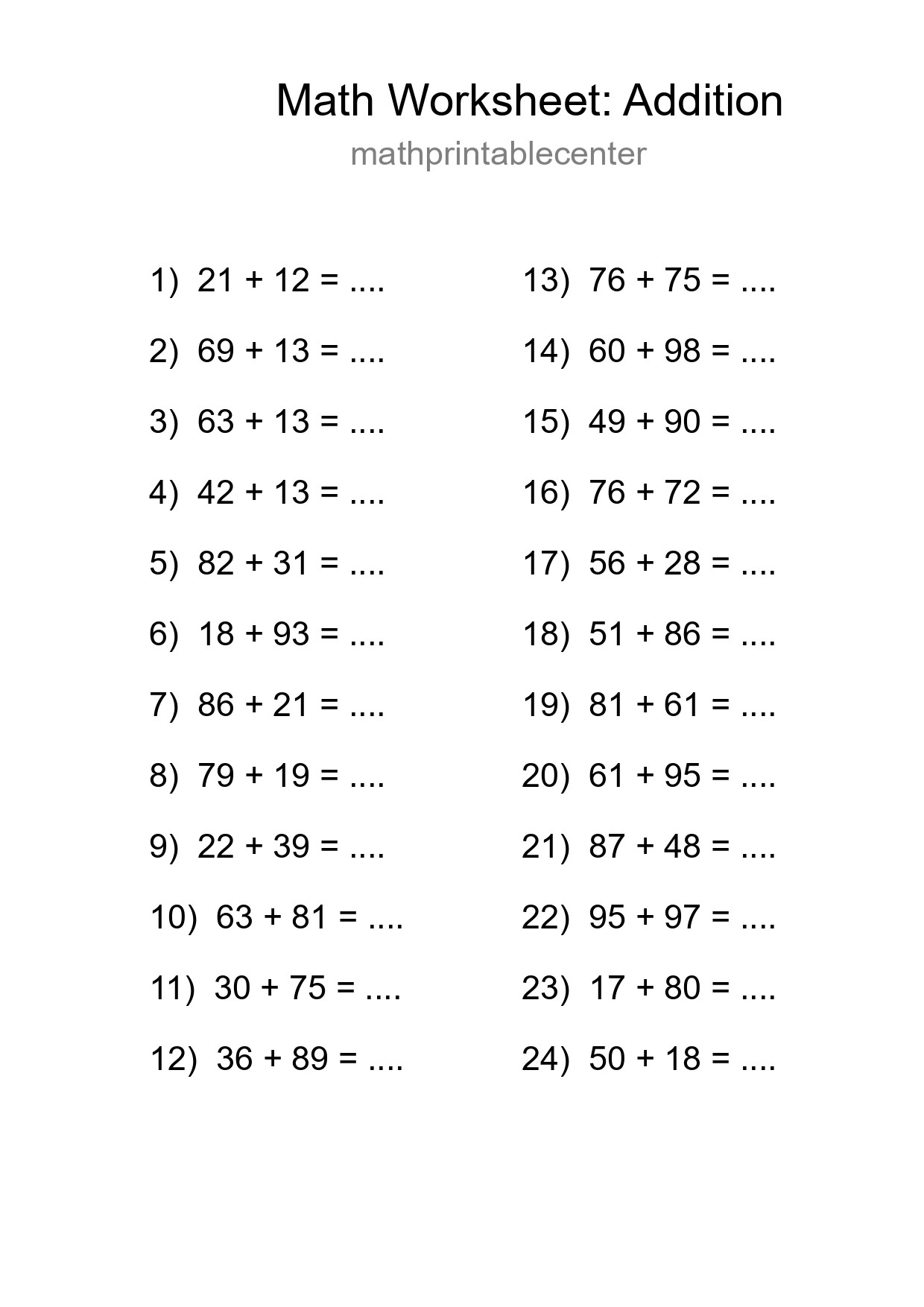 Grade 3 Addition Practice Worksheet (24 Problems) - Part 177