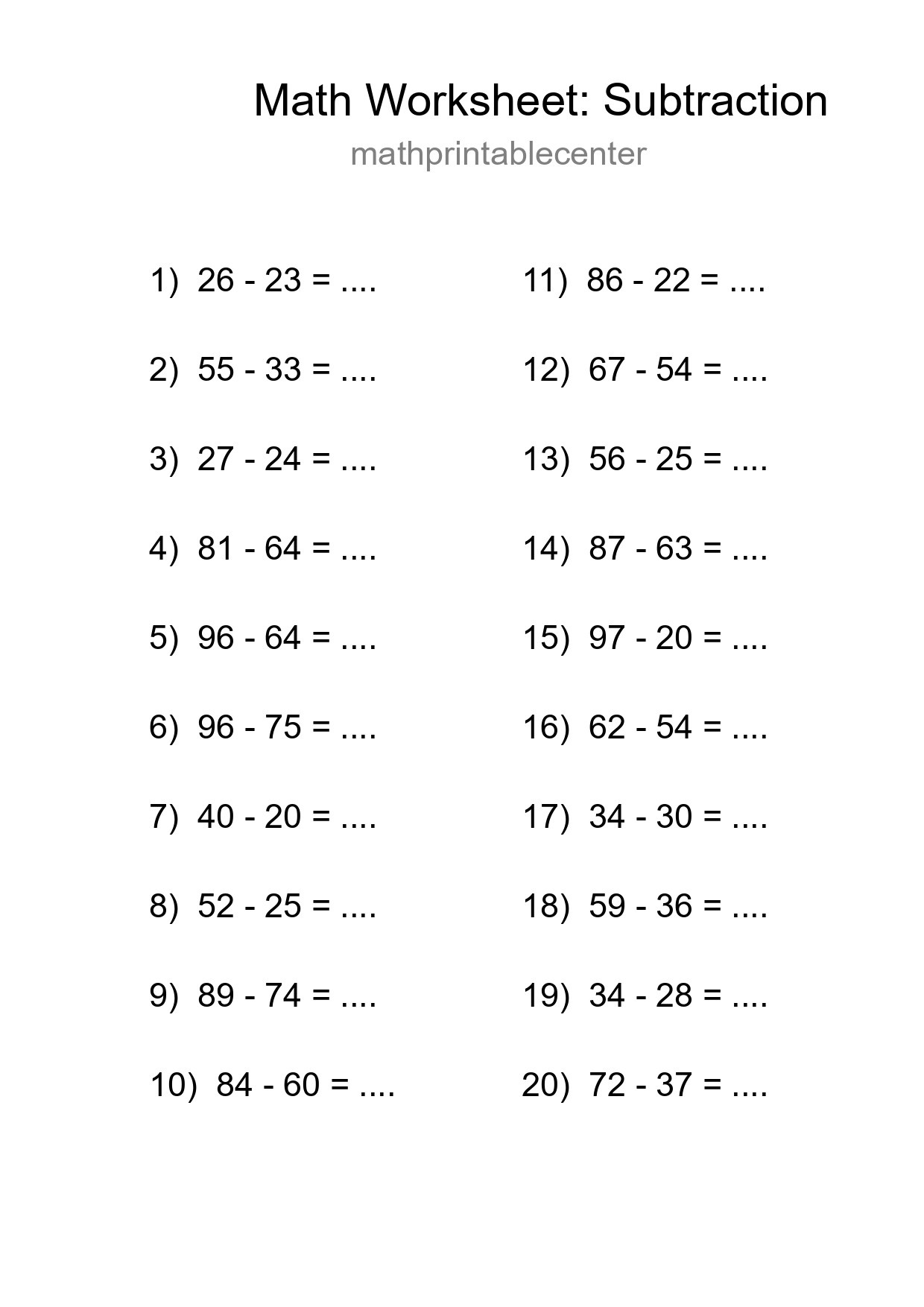Grade 3 Subtraction Practice Worksheet (20 Problems) - Part 96