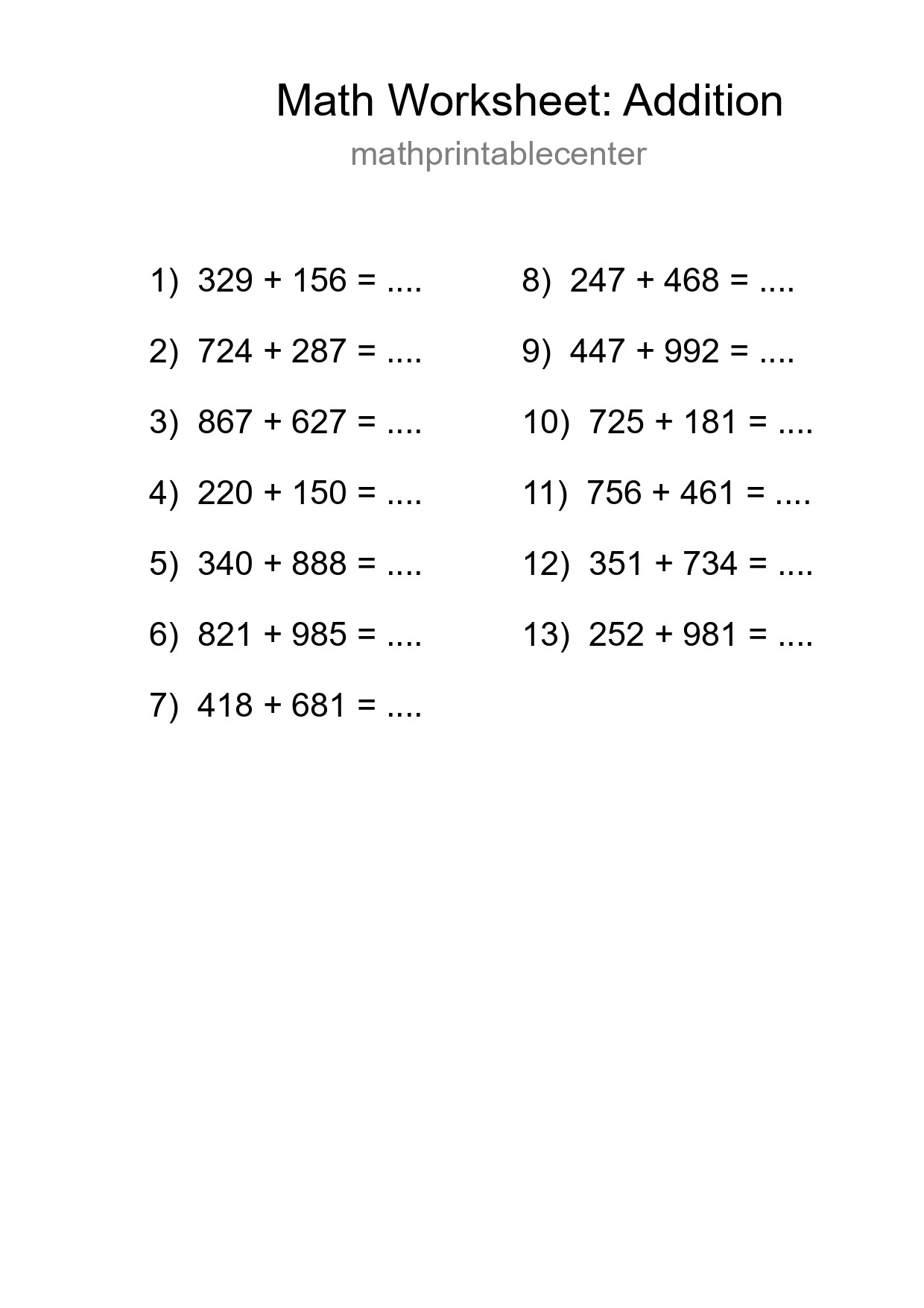 Grade 5 Addition Practice Worksheet (13 Problems) - Part 166