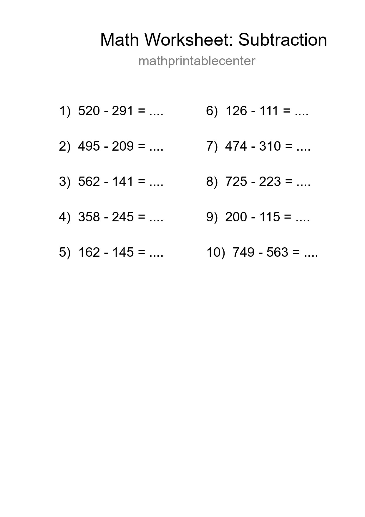 Grade 5 Subtraction Practice Worksheet (10 Problems) - Part 85
