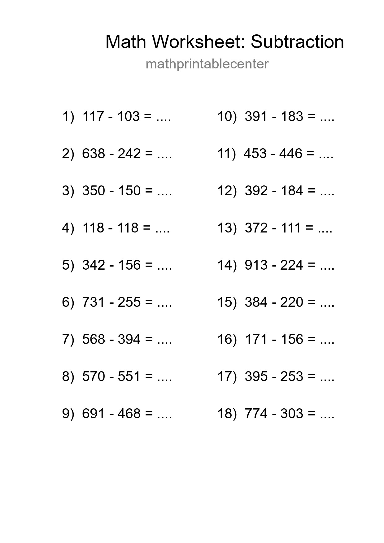 Grade 5 Subtraction Practice Worksheet (18 Problems) - Part 30