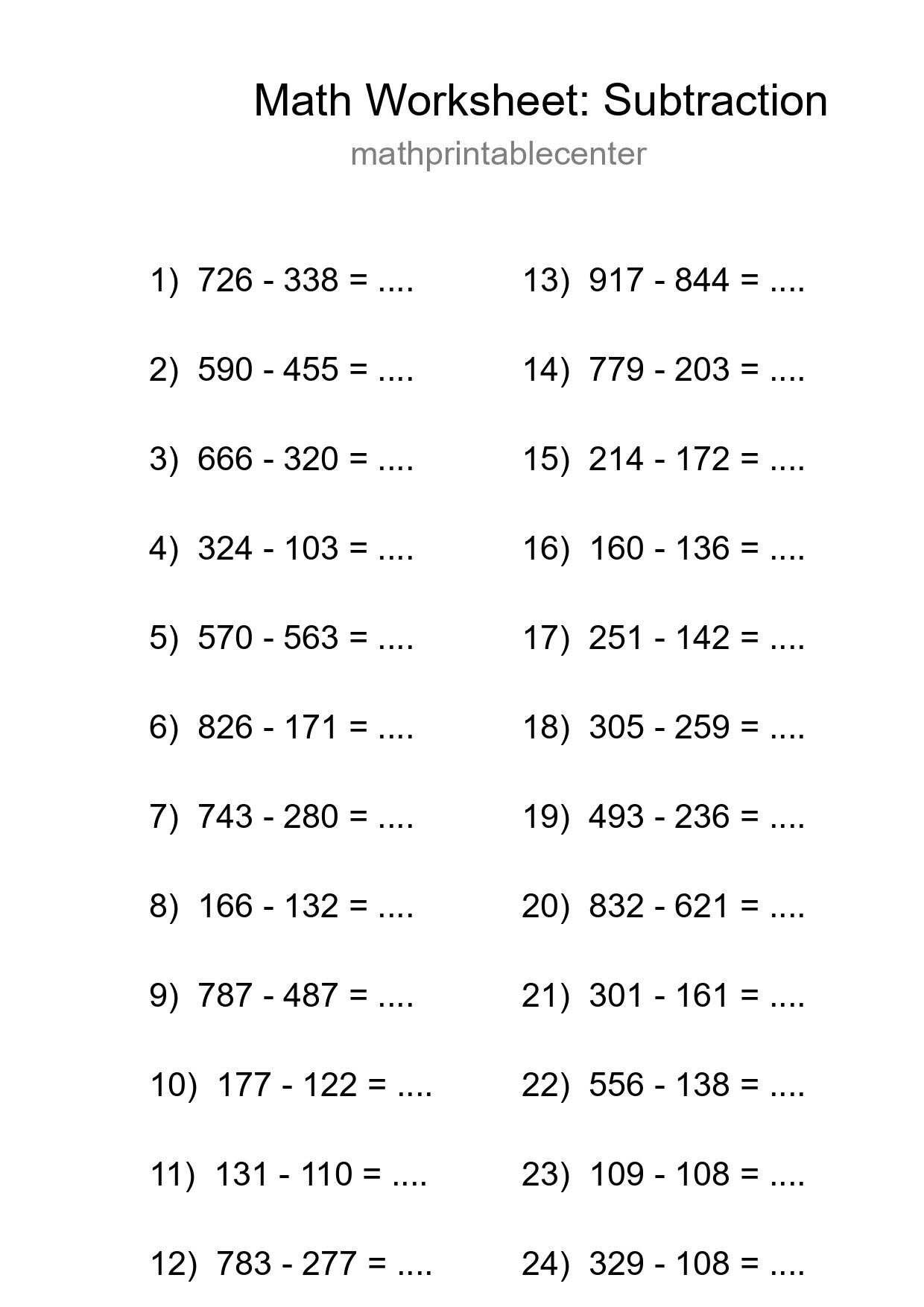 Grade 5 Subtraction Practice Worksheet (24 Problems) - Part 195