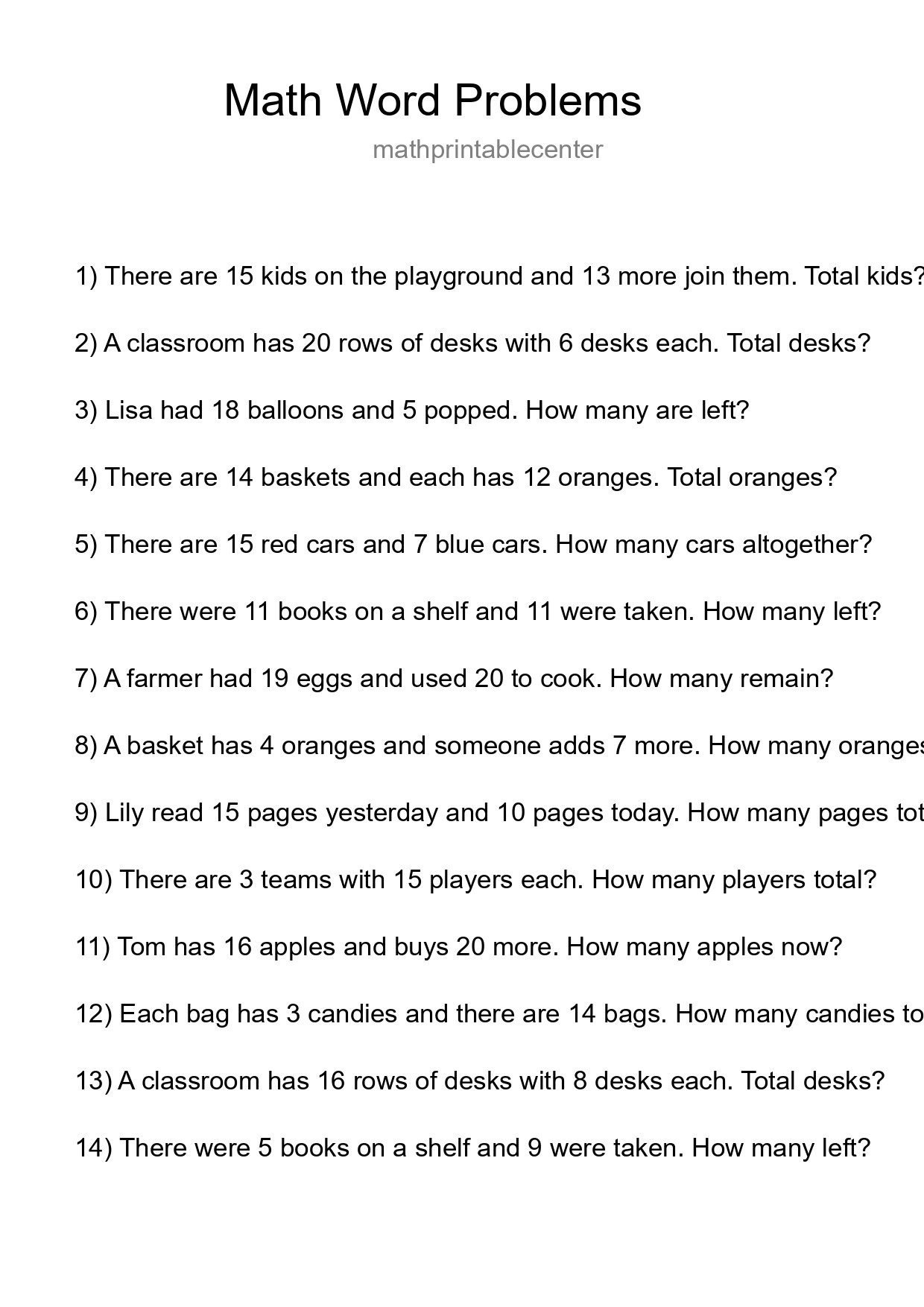 Math Word Problem Worksheet